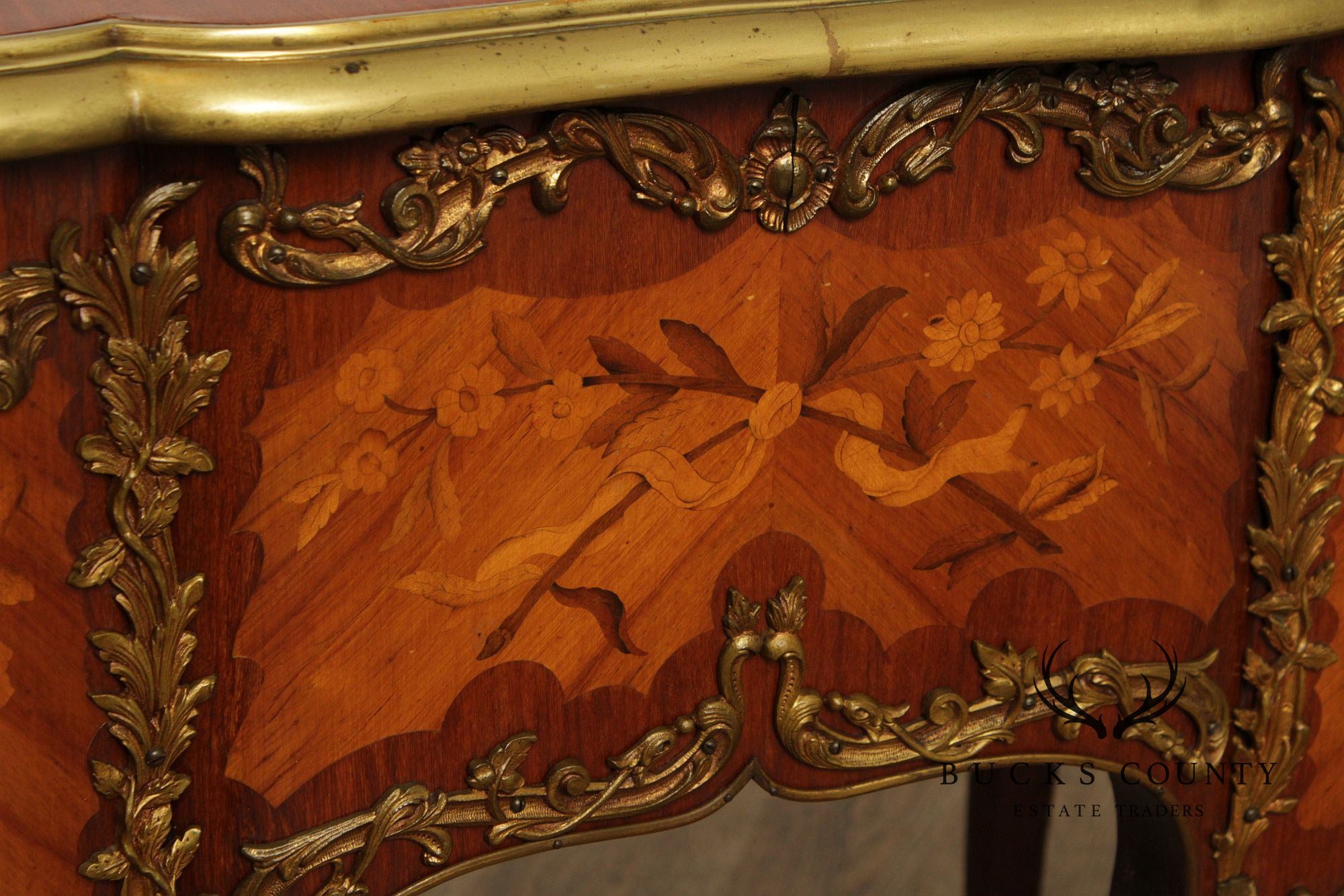 French Louis XV Style Marquetry Inlaid Bronze Mounted Knee Hole Desk