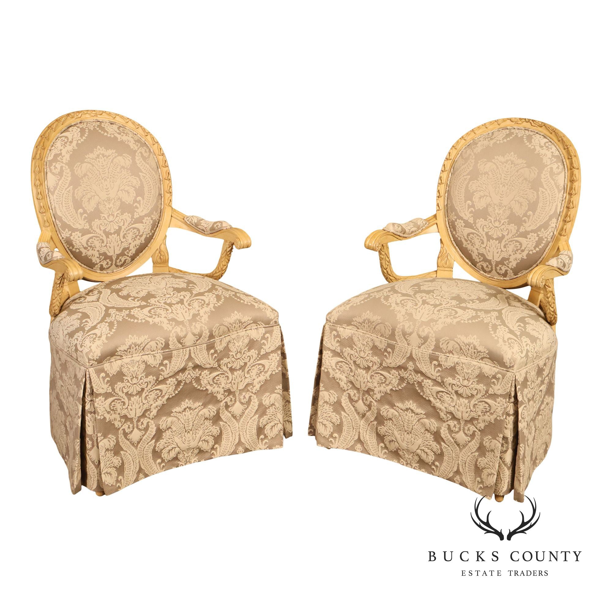 Louis XVI Style Pair Of Painted Oval Back Armchairs With Upholstered Seats