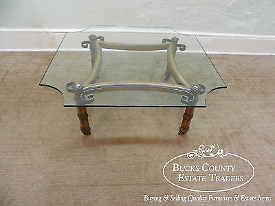 Vintage Spanish Mediterranean Style Walnut Scrolled Metal Glass Top Coffee Table