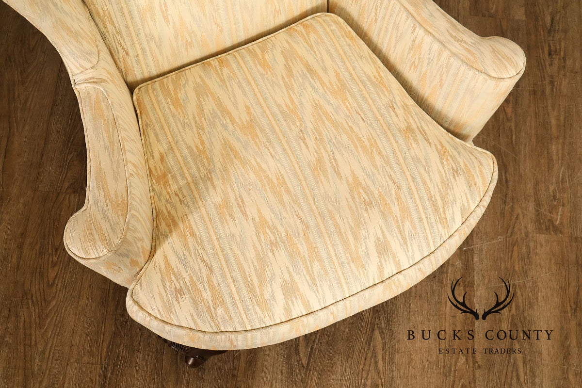 Traditional Upholstered Pair Of Wingback Armchairs With Carved Cabriole Legs