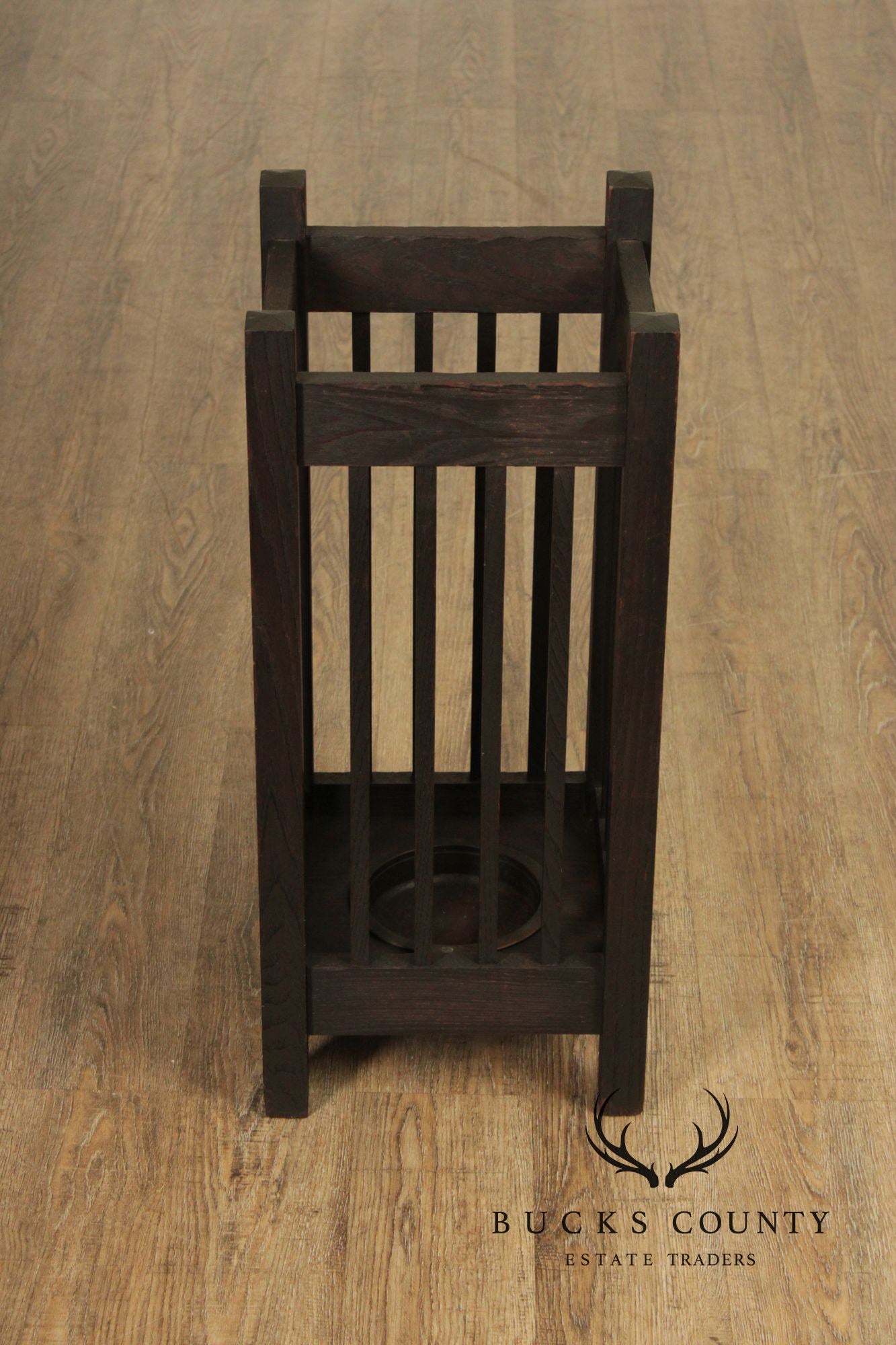 Antique Mission Oak Umbrella Stand With Drip Pan