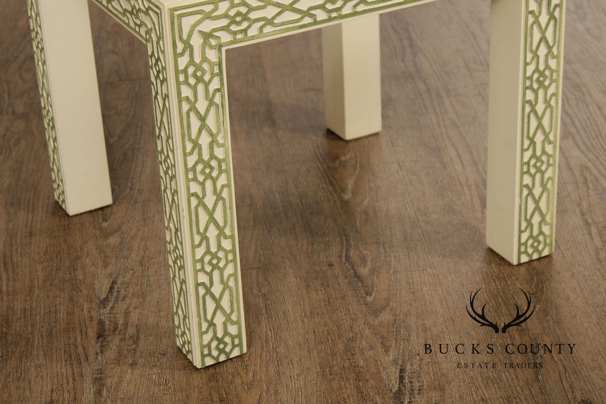 Hollywood Regency Pair Of Lacquered Greek Key Glass Top End Tables