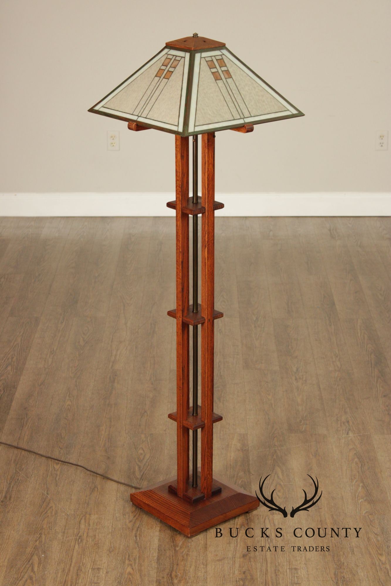 Pair Michael Adams – Aurora Studios Prairie School Oak & Stained Glass Floor Lamps