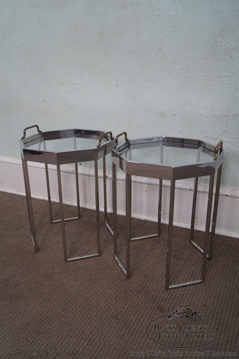 Quality Pair of Chrome & Glass Octagon Side Tables