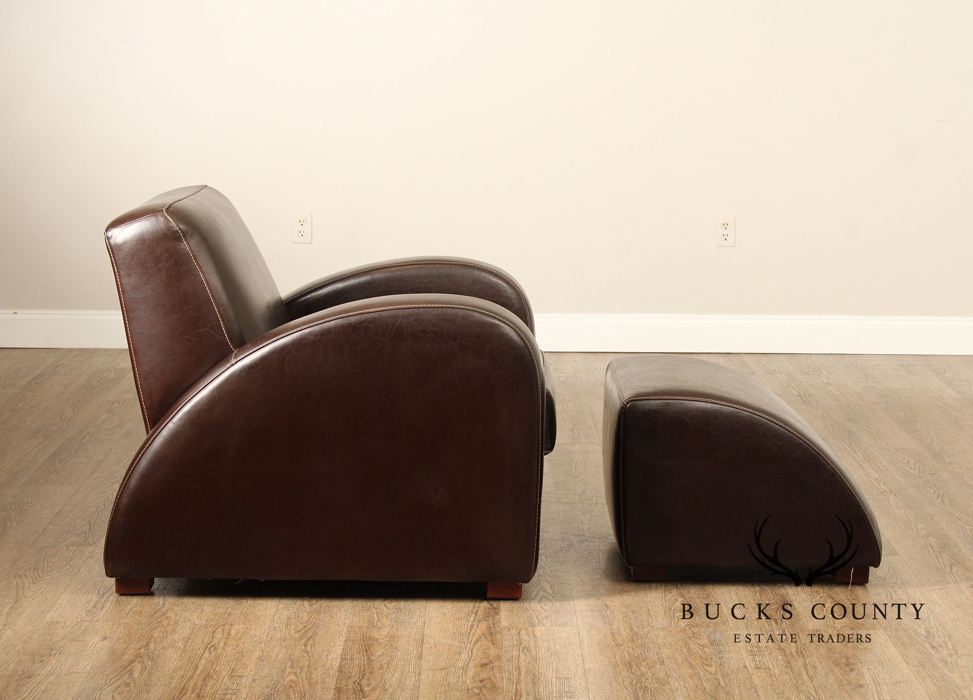 Legacy Art Deco Style Pair of Leather Lounge Chairs with Ottomans