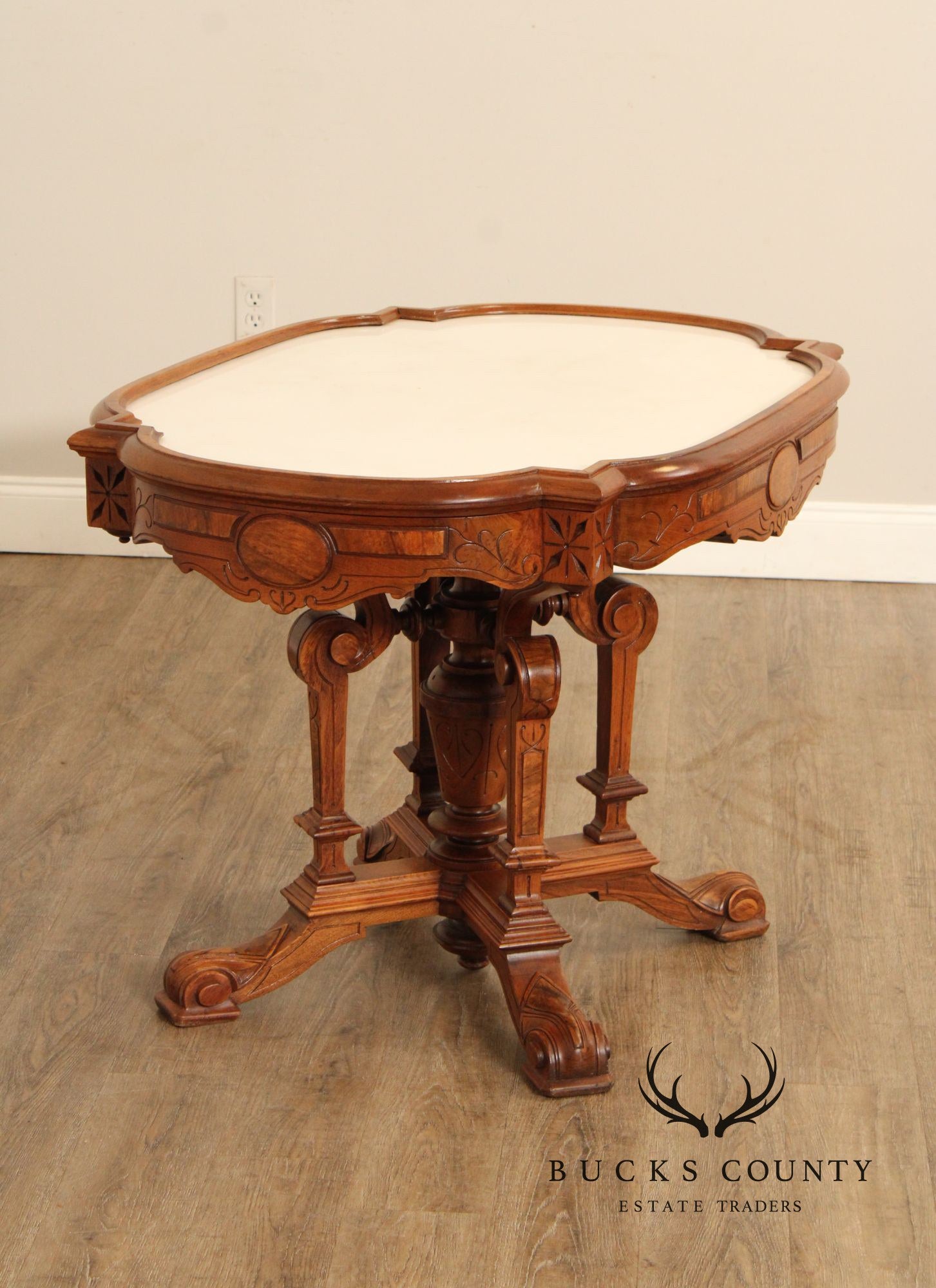 Antique Victorian Carved Walnut Marble Top Parlor Table