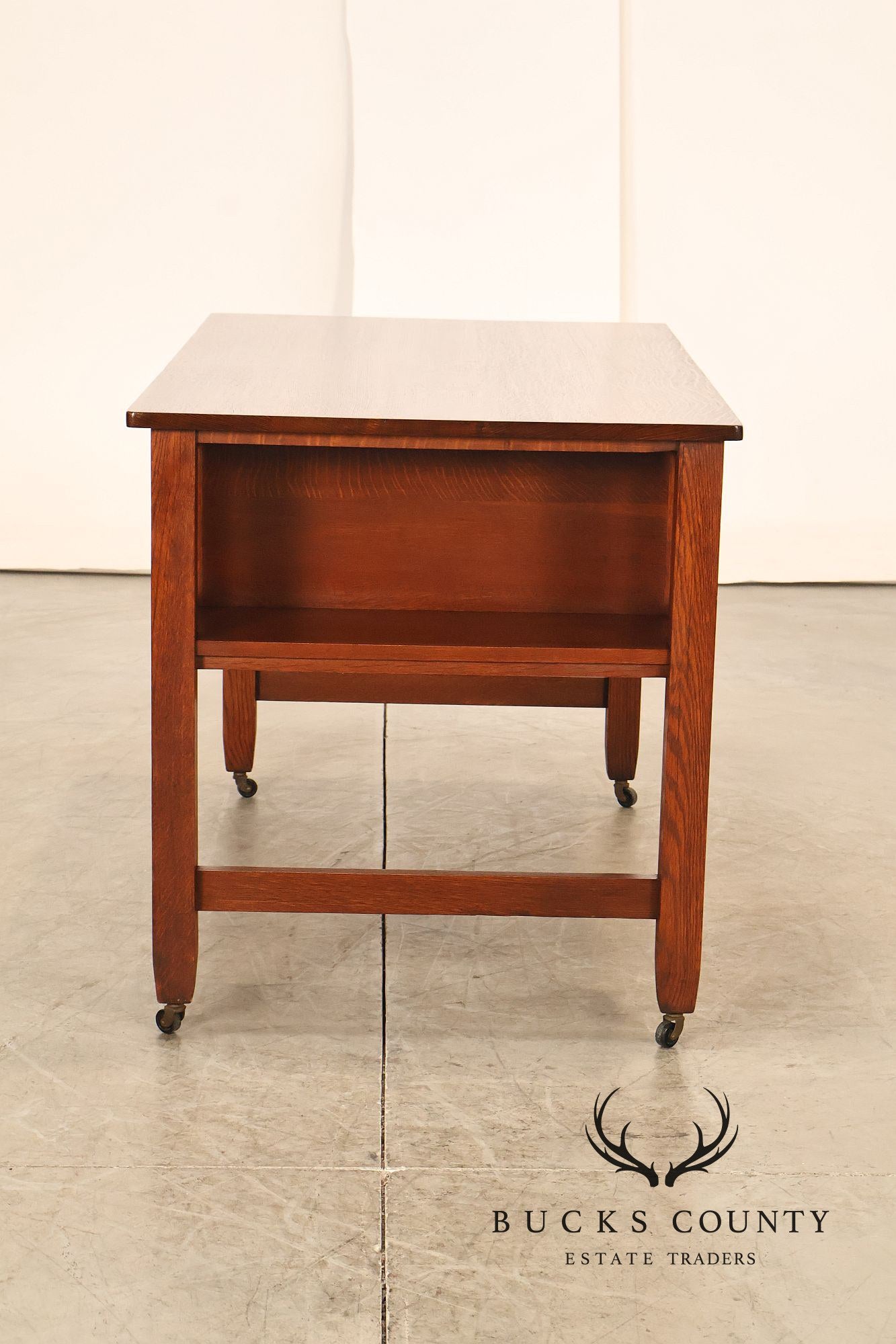 Antique Arts And Crafts Mission Oak Writing Desk With Built-In Side Bookcases