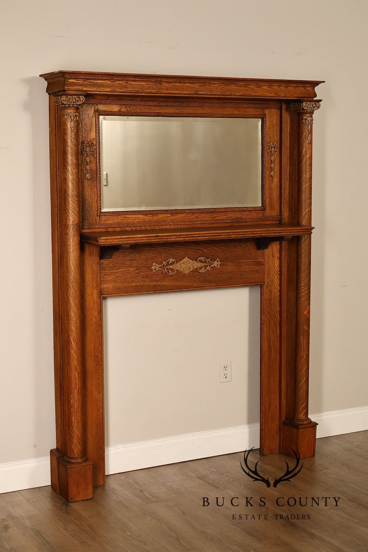 Antique C.B. Atkin Company Victorian Oak Mirrored Fireplace Mantel
