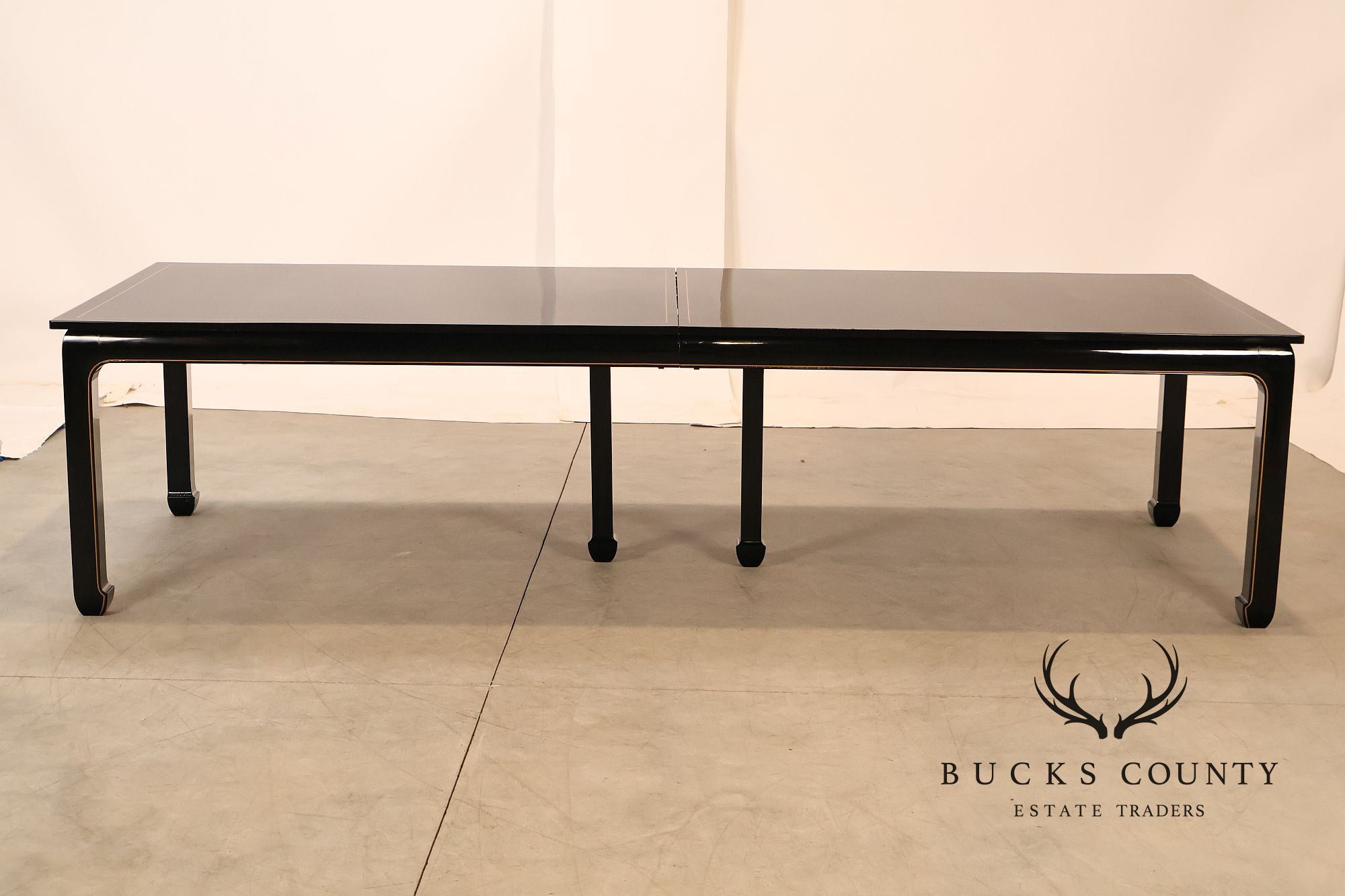 Custom Black Lacquered 12 Foot Extendable Dining Table With Gold Line Inlay