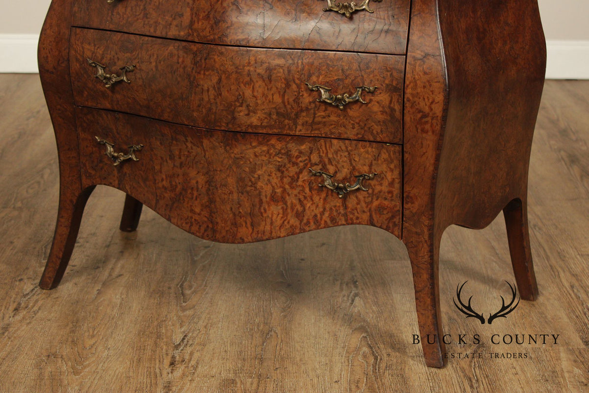 Vintage Louis XV Style Burlwood Bombe Three-Drawer Commode Chest