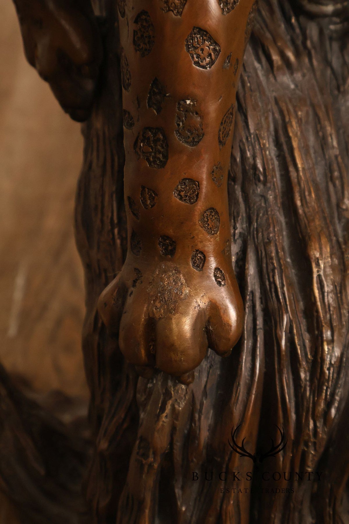 Large Bronze Leopard Sculpture On Tree Stump Base