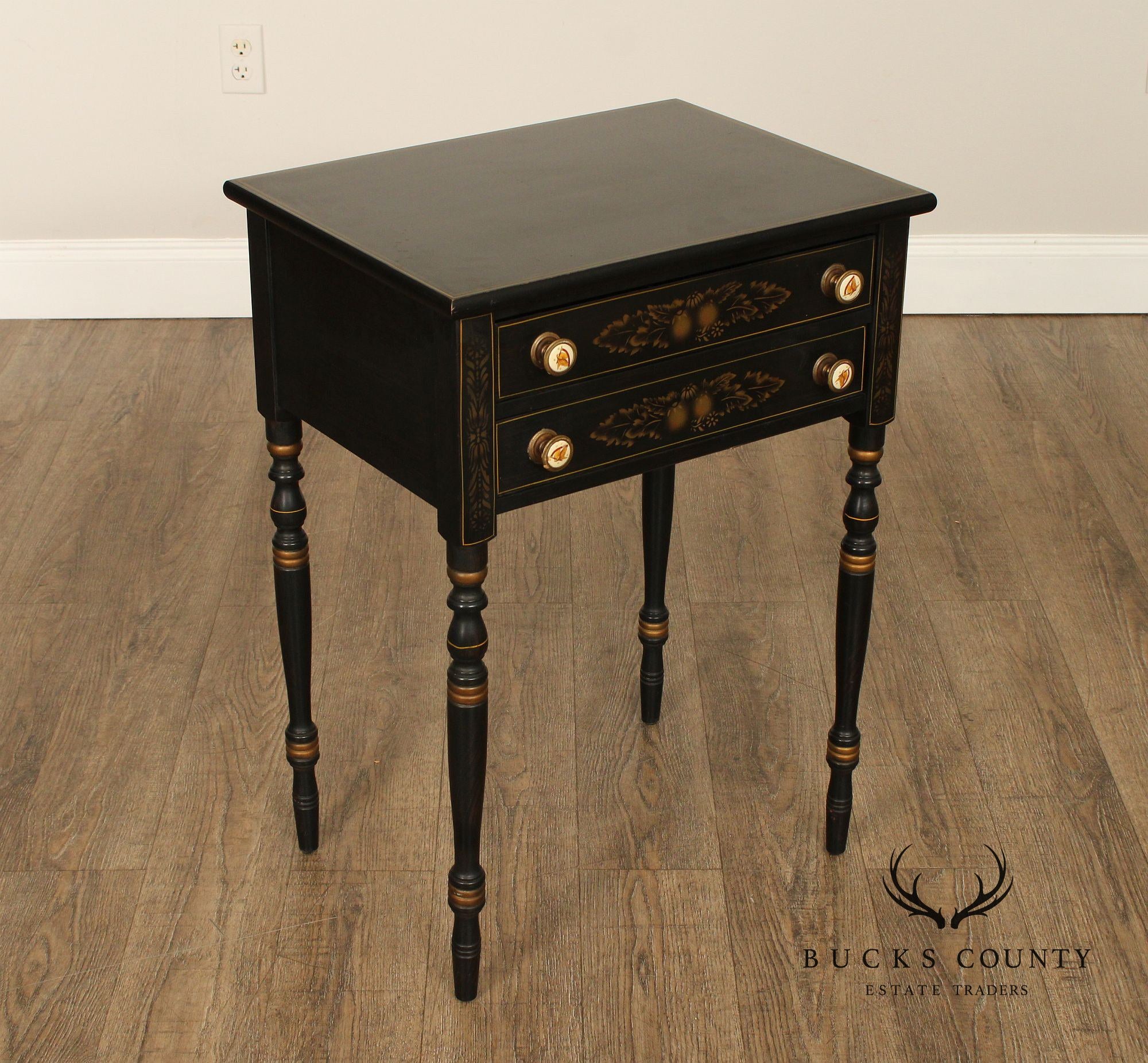 L. Hitchcock Vintage Black and Gilt Painted Two-Drawer Nightstand