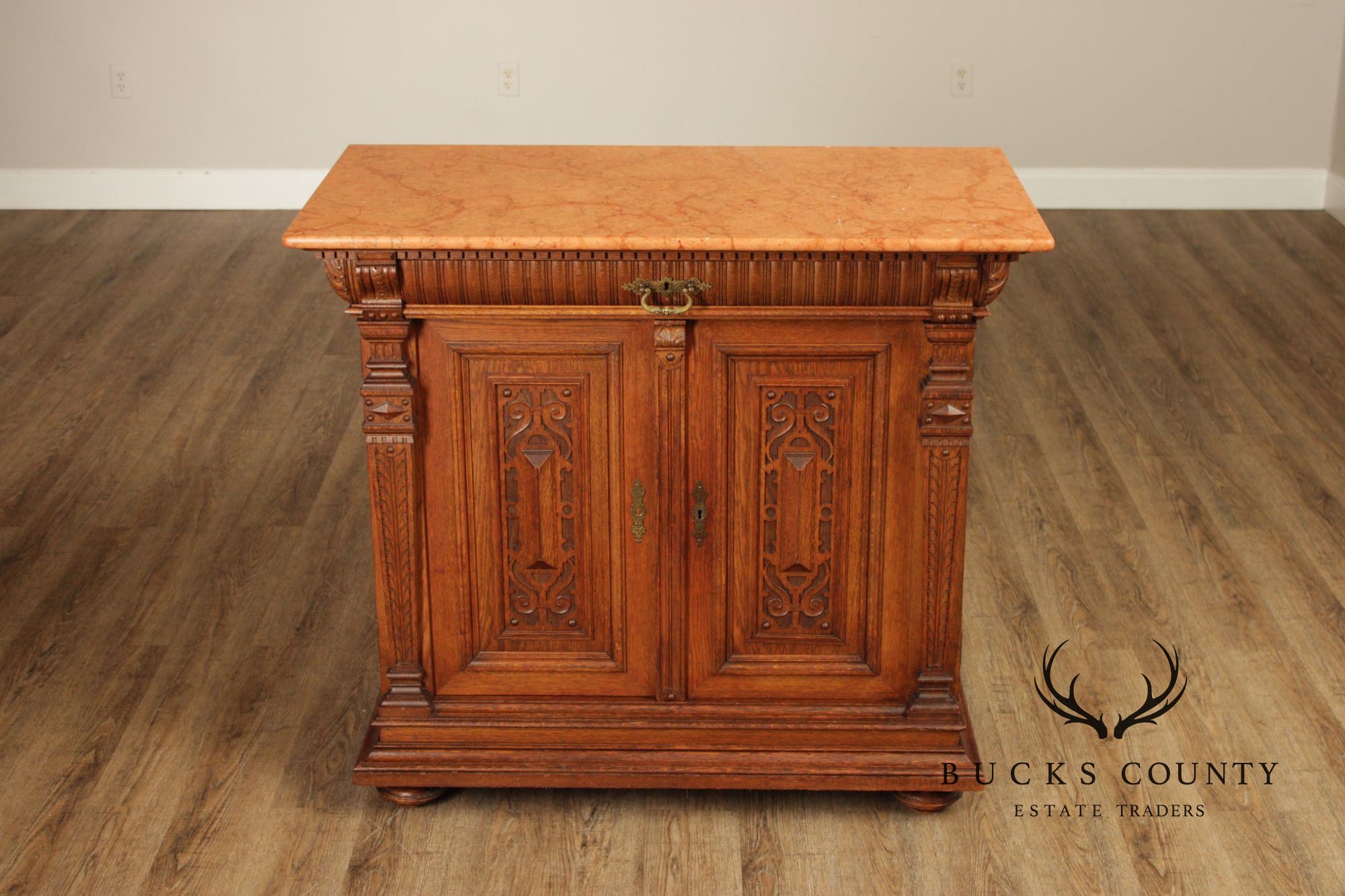 Antique German Renaissance Revival Carved Oak Marble Top Cabinet