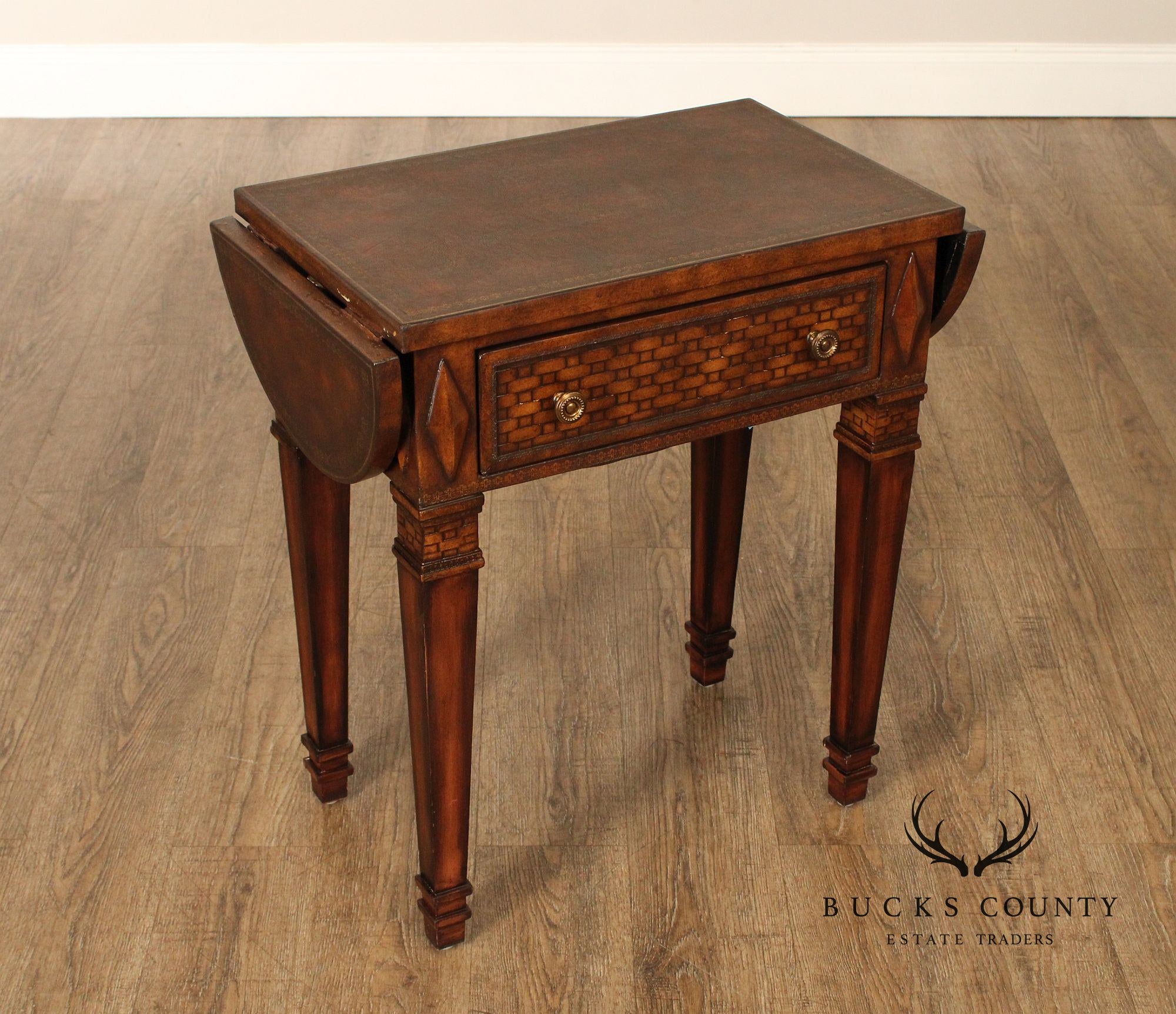 Neoclassical Style Leather Wrapped Drop-Leaf Side Table