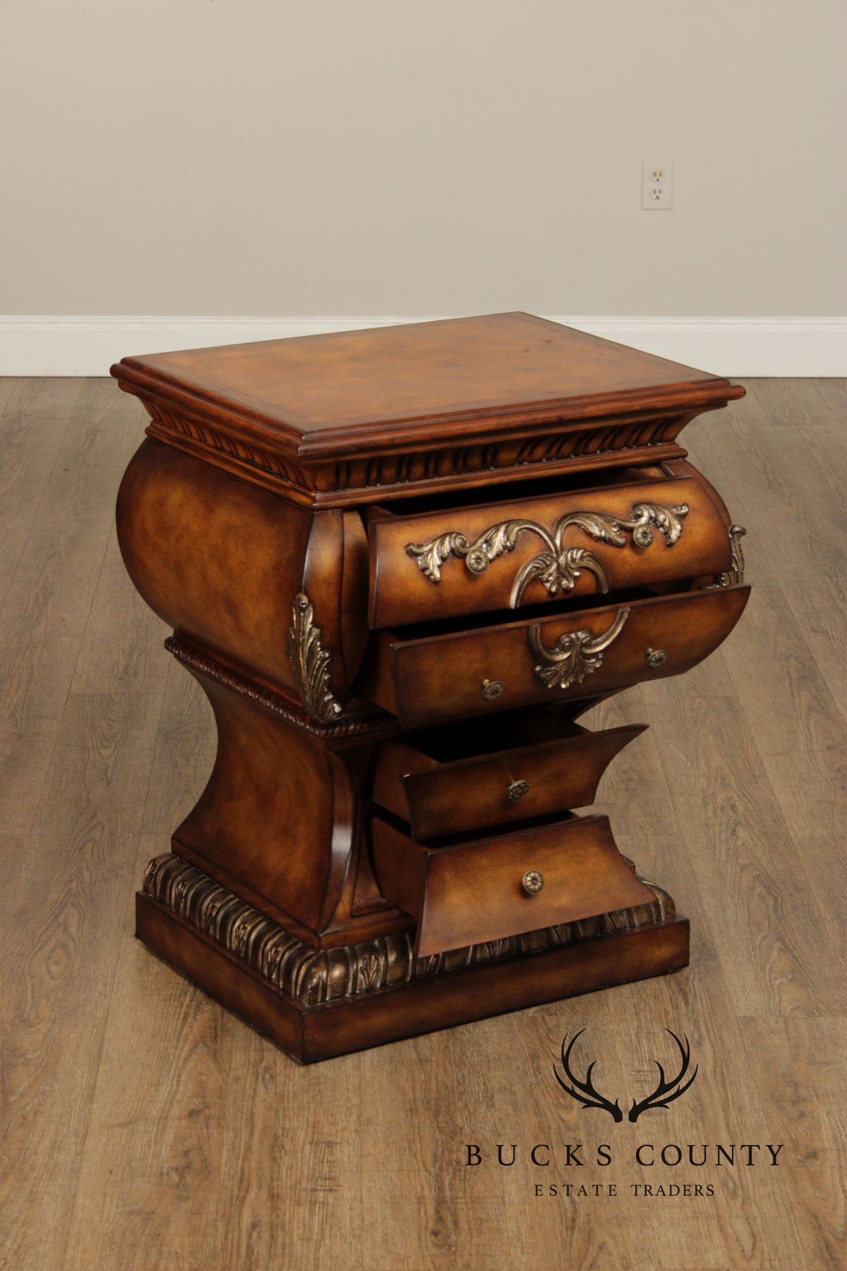 Regency Style Burlwood Bombe Four-Drawer Accent Chest
