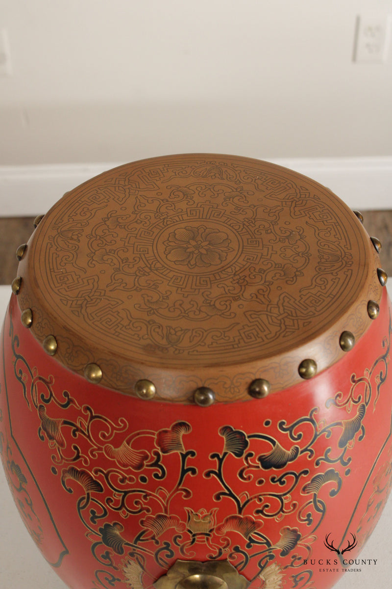 Asian Inspired Pair Hand Painted Wooden Drum Stools