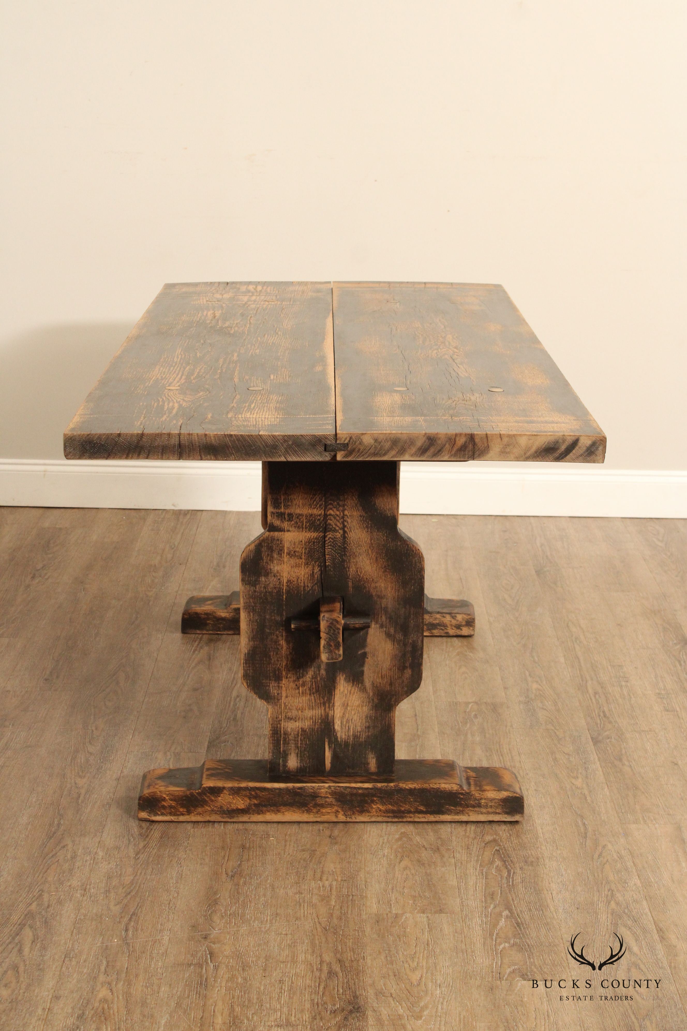 Custom Crafted Farmhouse Aged and Distressed Oak Trestle Dining Table