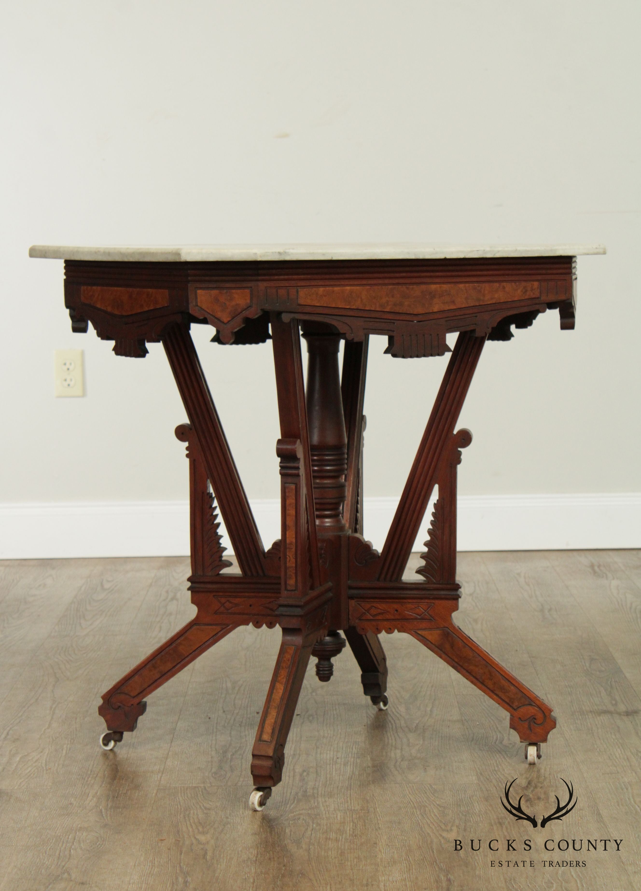 Antique Victorian East Lake Walnut Marble Top Parlor Table