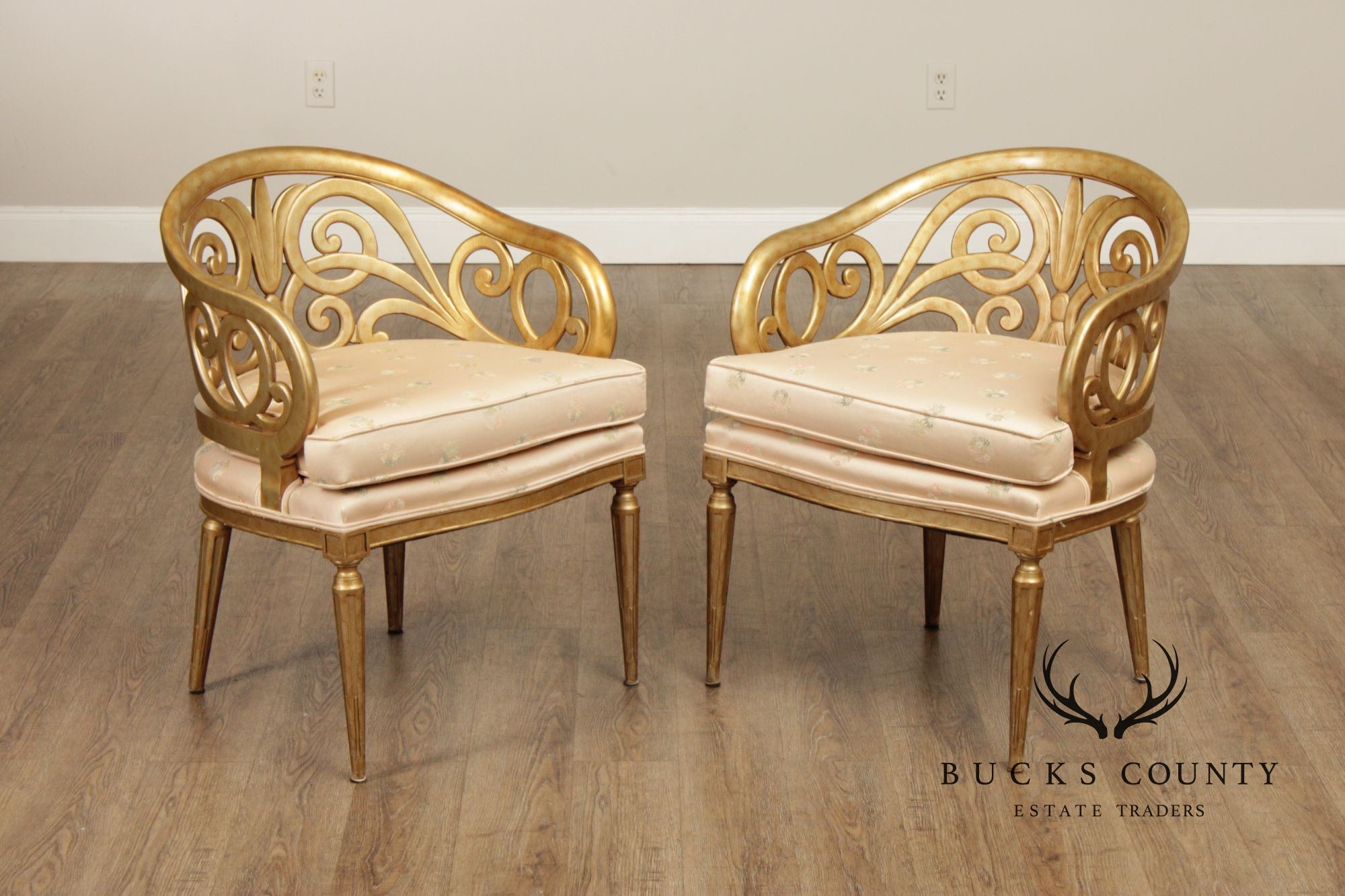 French Hollywood Regency Style Vintage Pair of Giltwood Barrel Armchairs