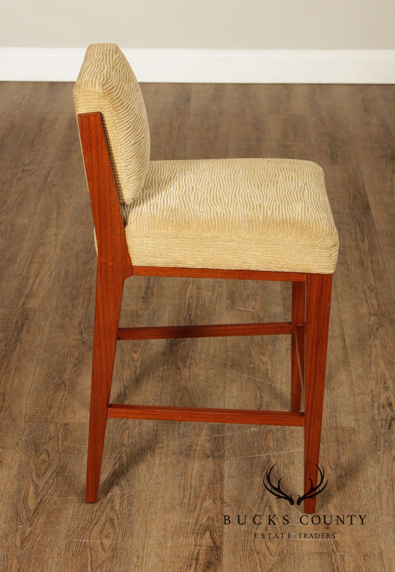 Mid Century Modern Style Set of Four Walnut Upholstered Counter Stools