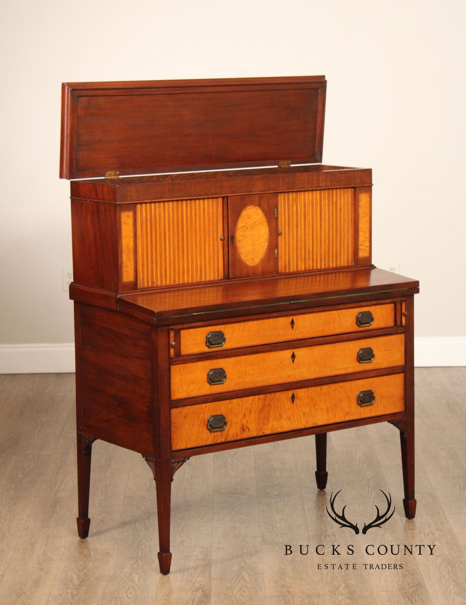 Federal Style Inlaid Mahogany And Tiger Maple Tambour Door Writing Desk