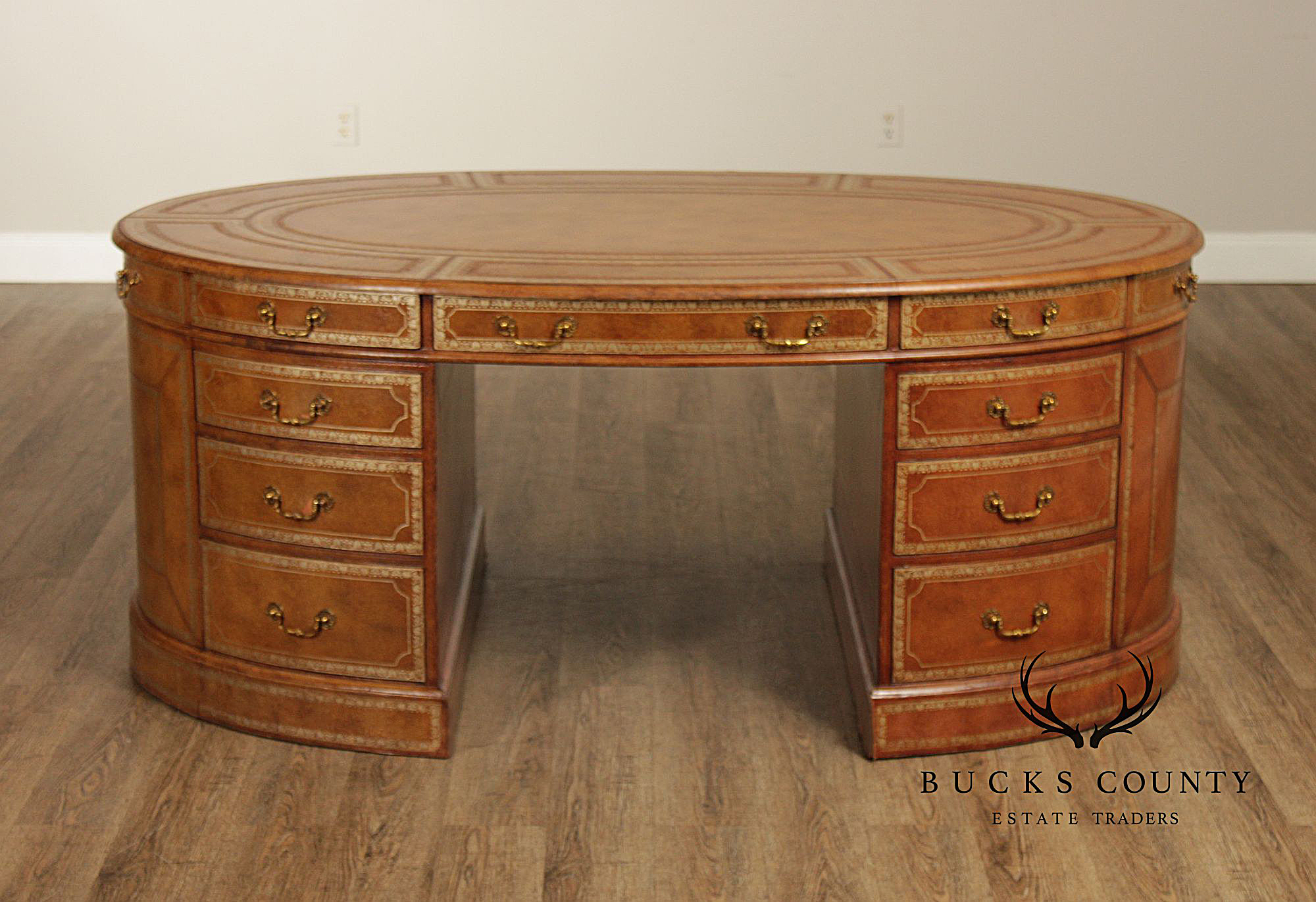 Maitland Smith Leather Wrapped Oval Executive Partners Desk