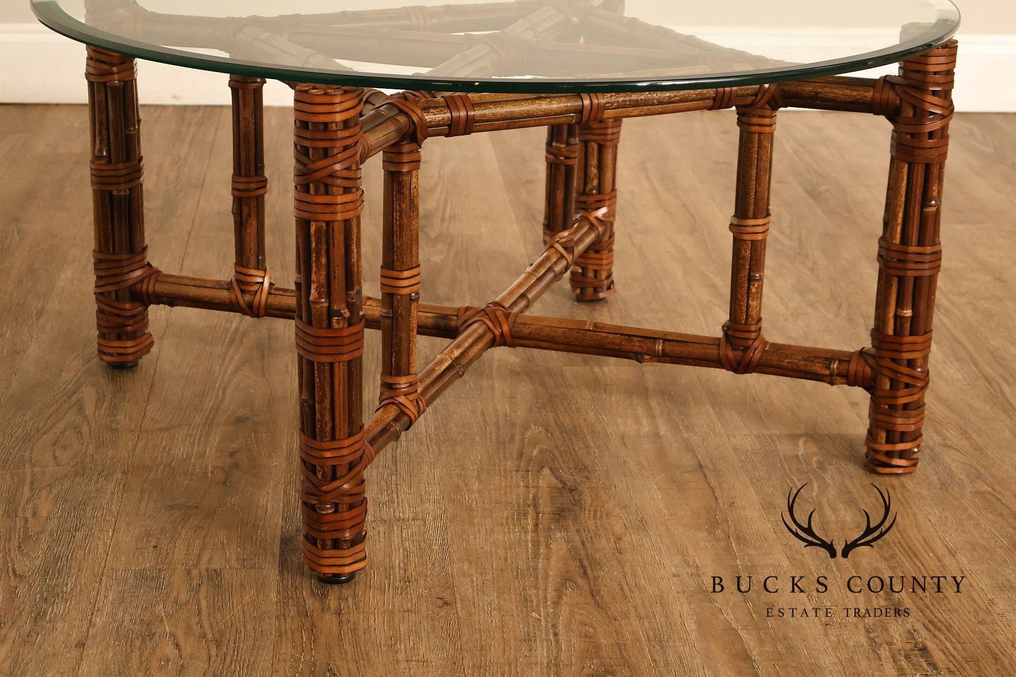 McGuire Bamboo And Rattan Round Glass Top Coffee Table