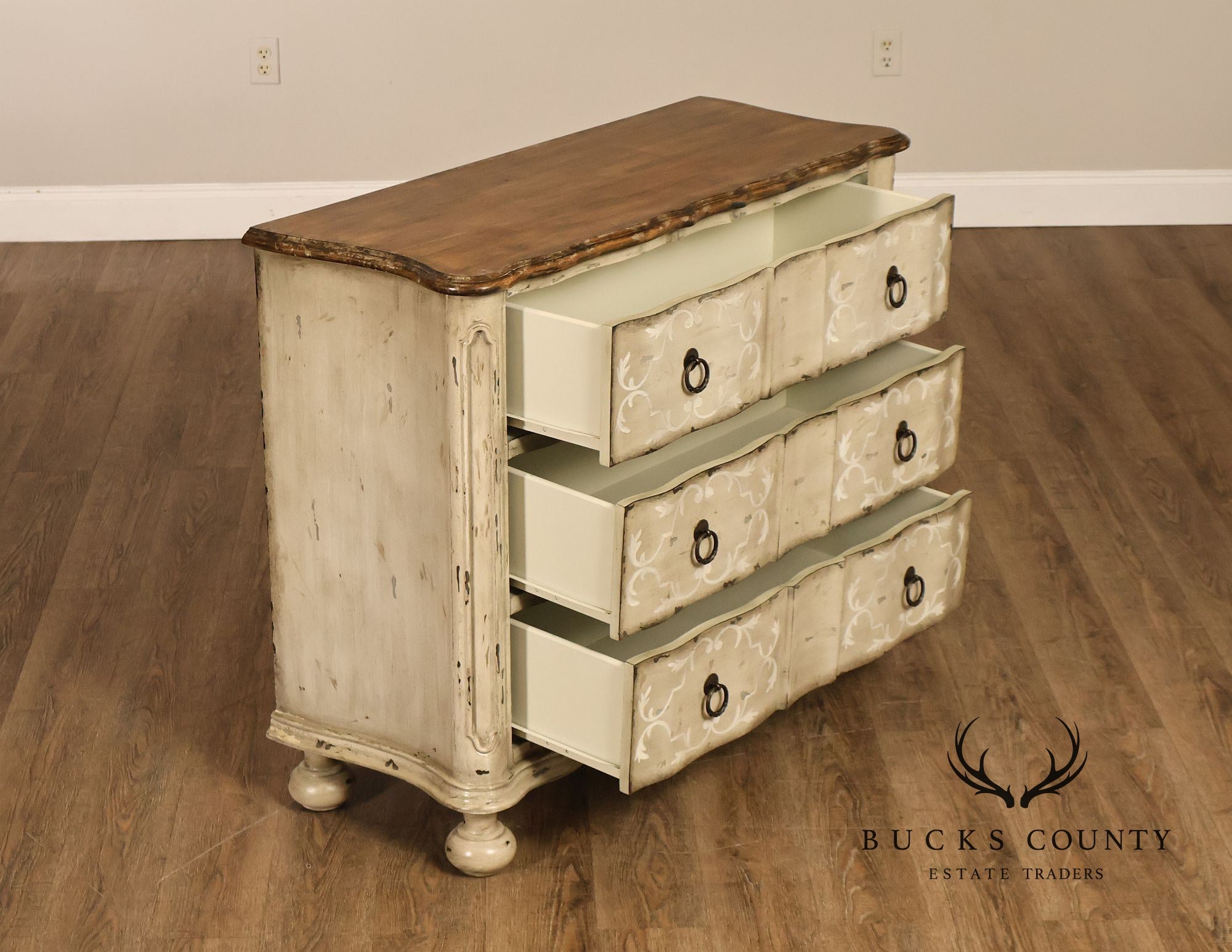 Painted Rustic European Style Three Drawer Chest With Distressed Finish