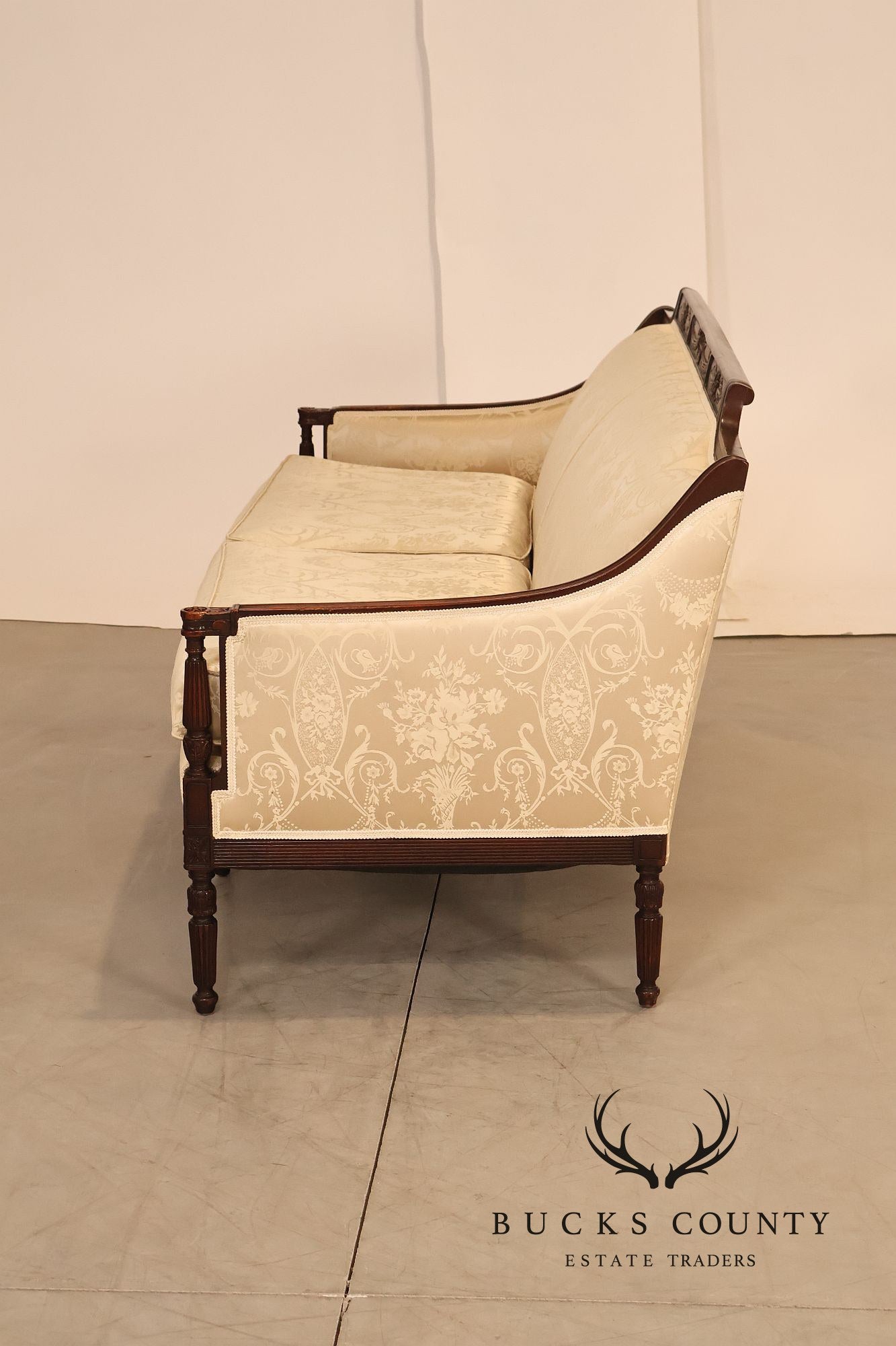 Federal Sheraton Style Upholstered Sofa With Carved Wood Frame