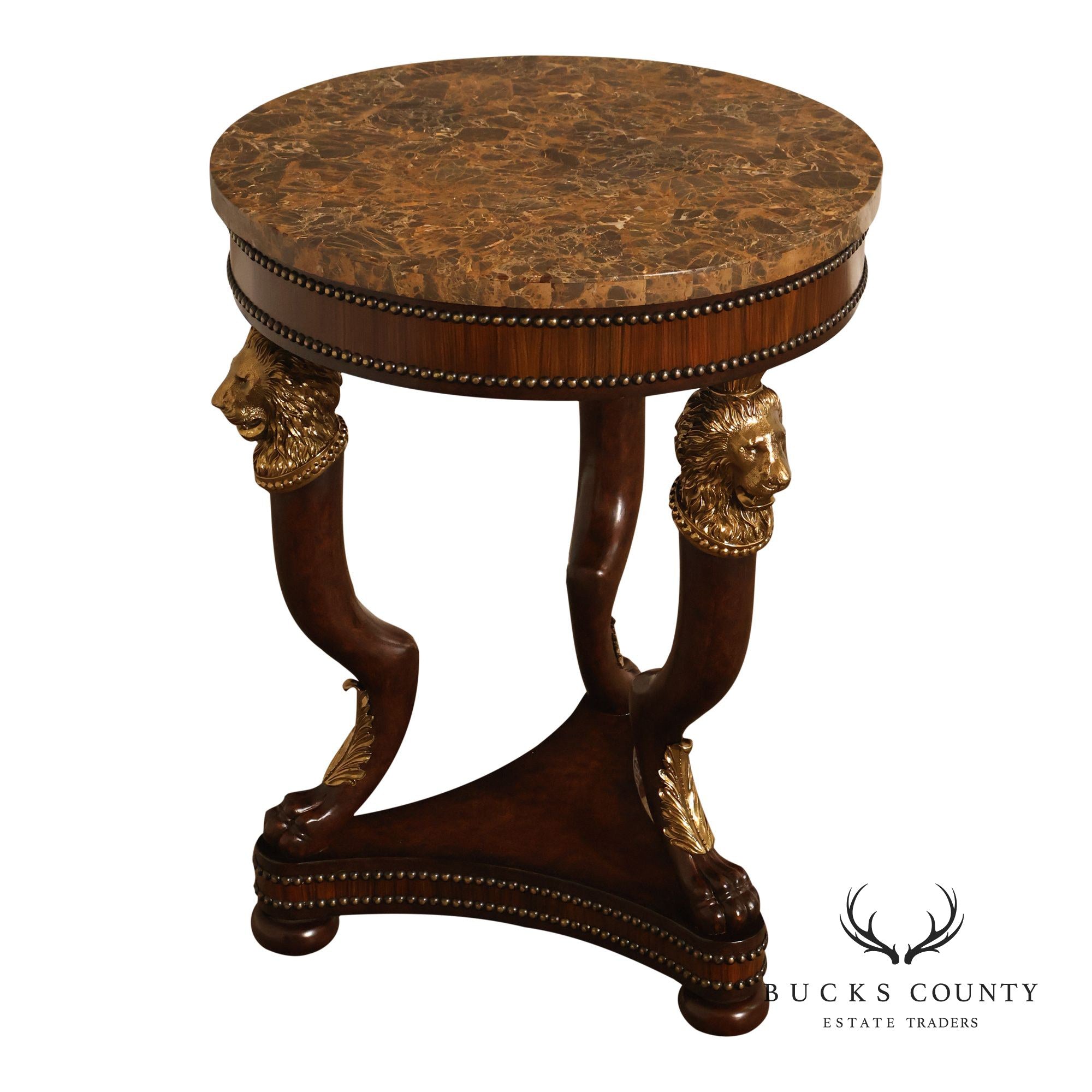 Maitland Smith Empire Style Round Marble Top Mahogany Lamp Table