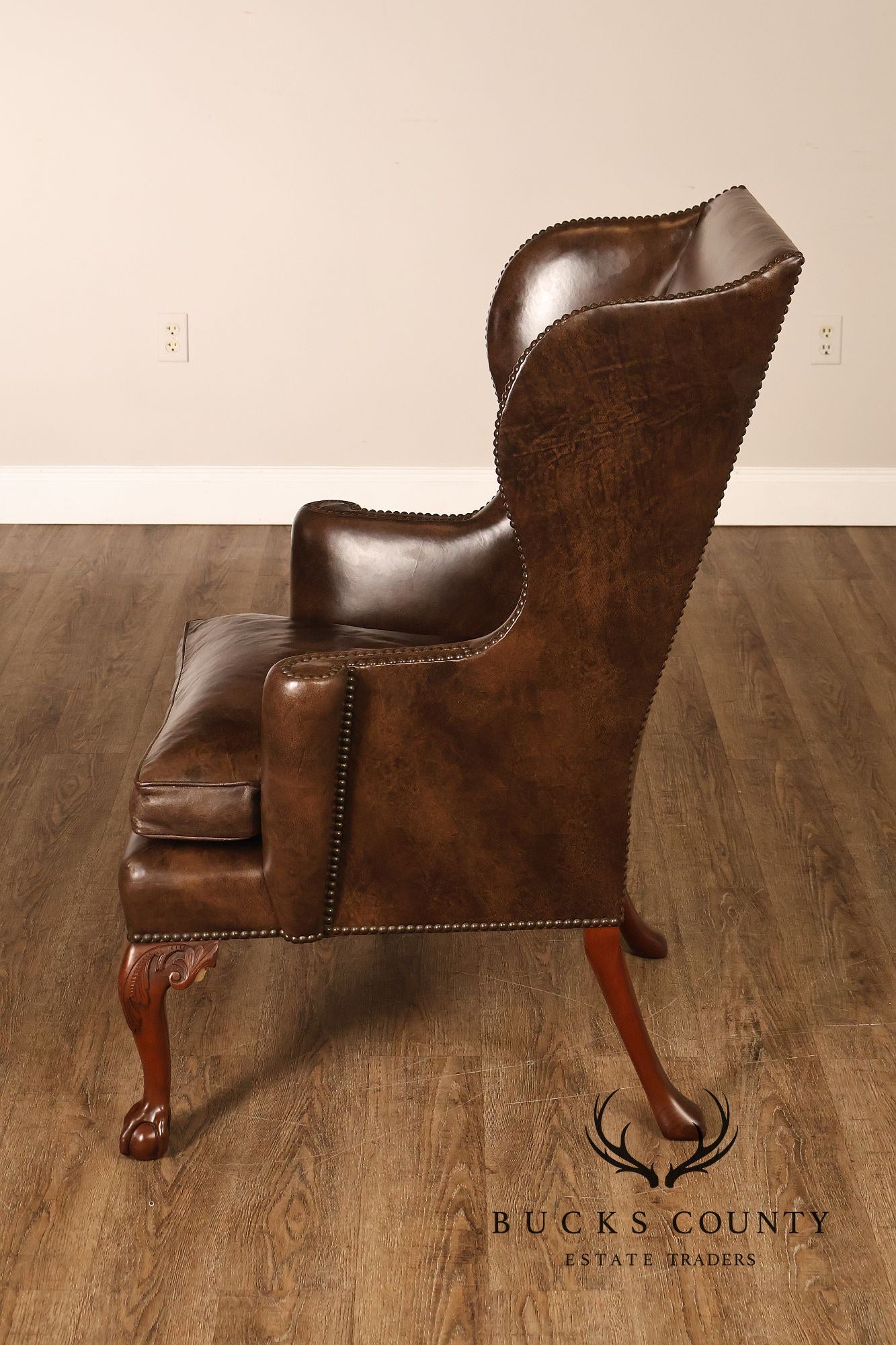 Kittinger Colonial Williamsburg Chippendale Style Pair Leather Wing Chairs