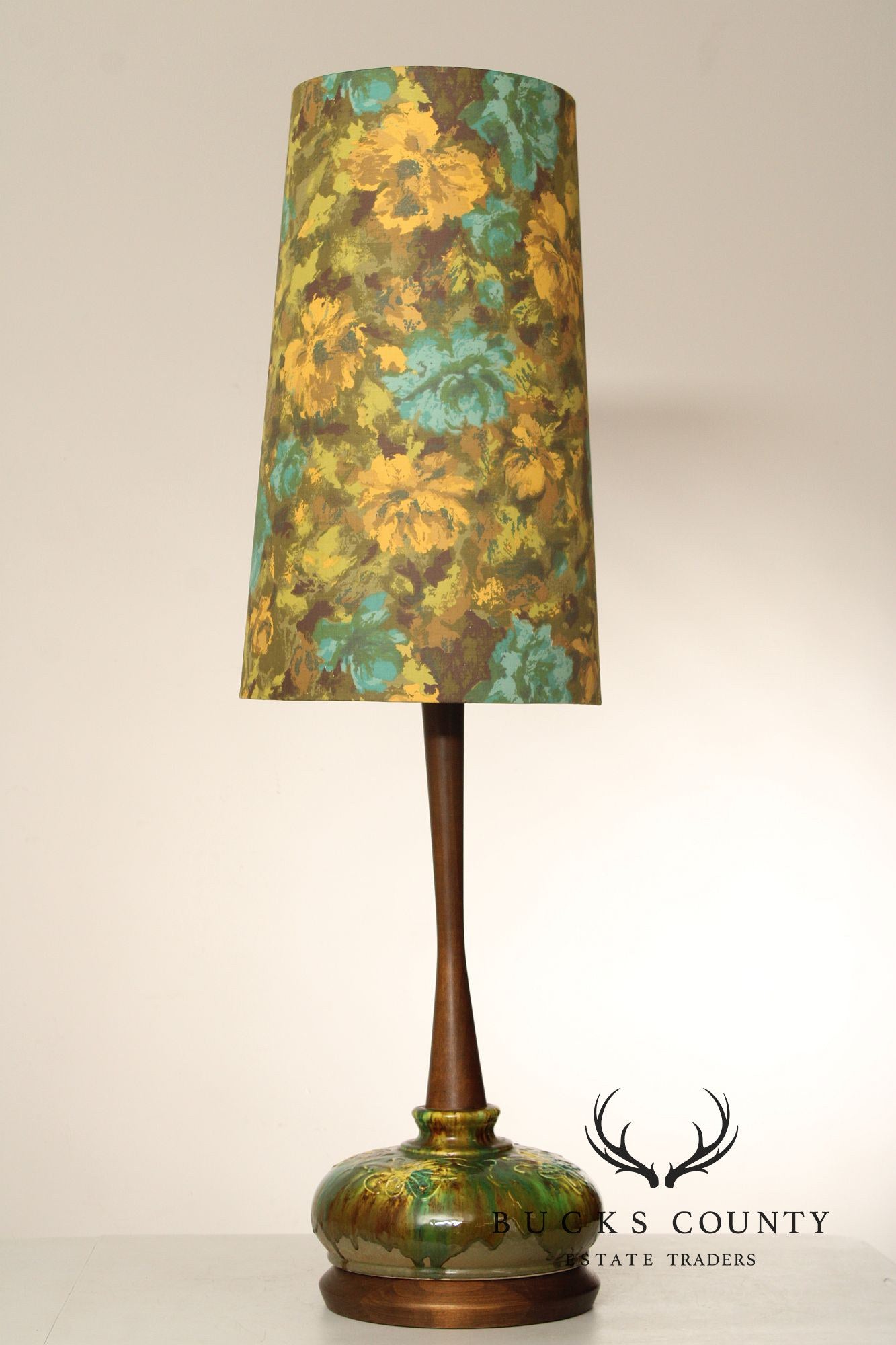 Mid Century Modern Walnut and Ceramic  Tall Table Lamp