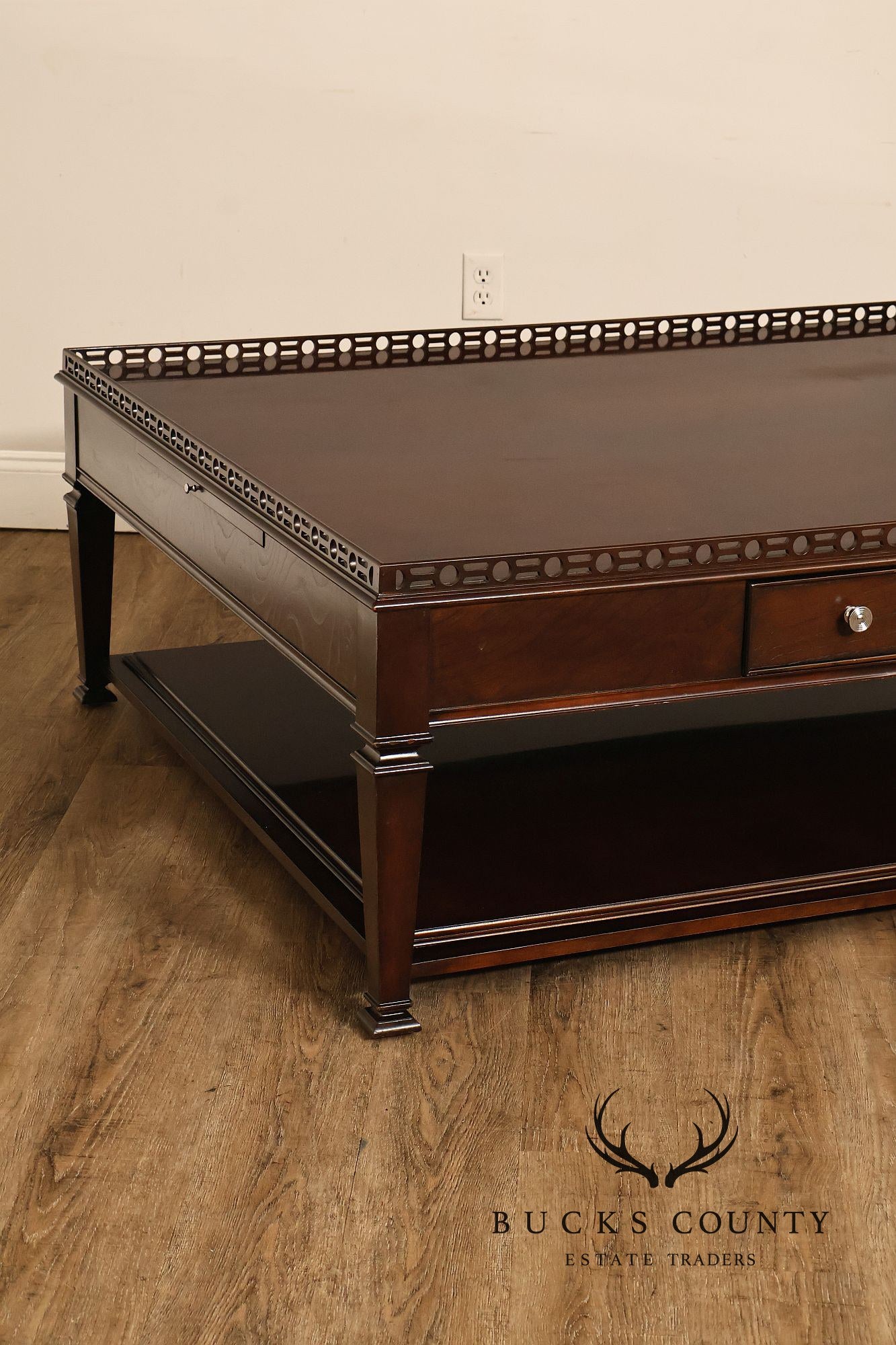 Century Furniture Large Mahogany Two Drawer Gallery Top Rectangular Cocktail Coffee Table