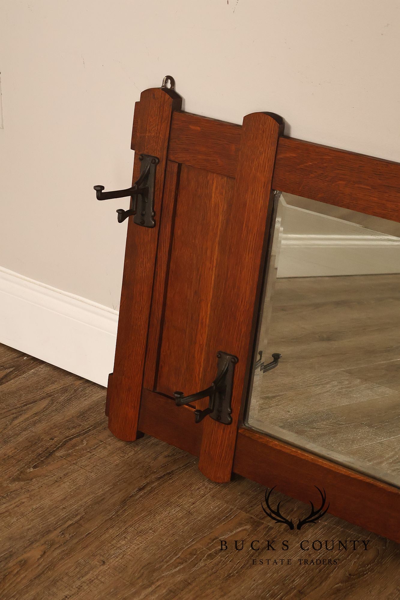 Antique Arts And Crafts Mission Oak Hall Mirror With Coat Hooks