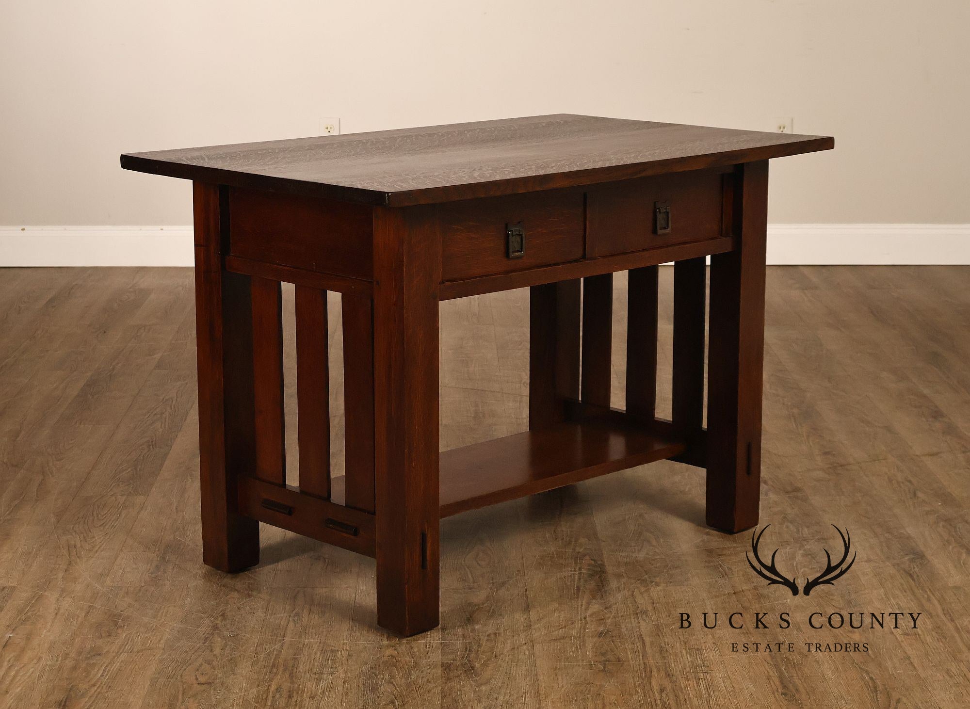Antique Mission Oak Library Table Writing Desk With Drawers And Lower Shelf