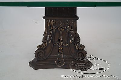 Vintage Italian Carved Wood Corinthian Colum Base Round Glass Top Coffee Table