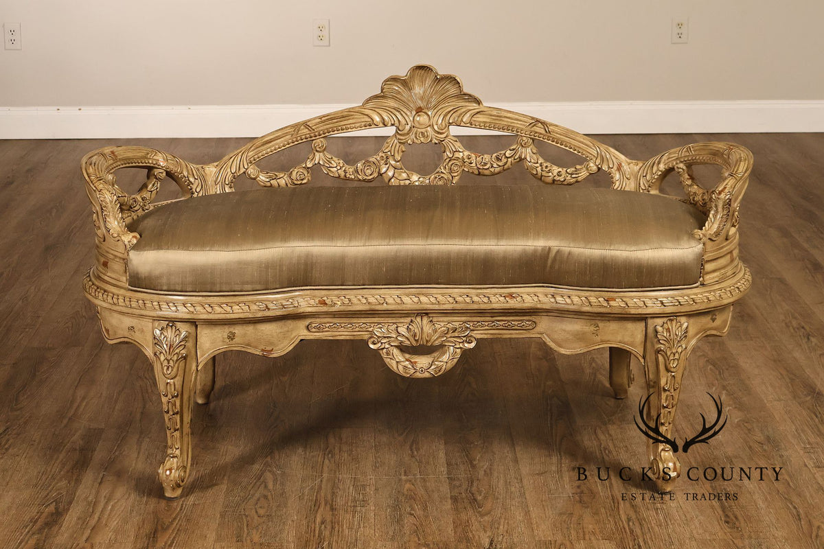 French Louis XV Style Carved Painted Upholstered Bench