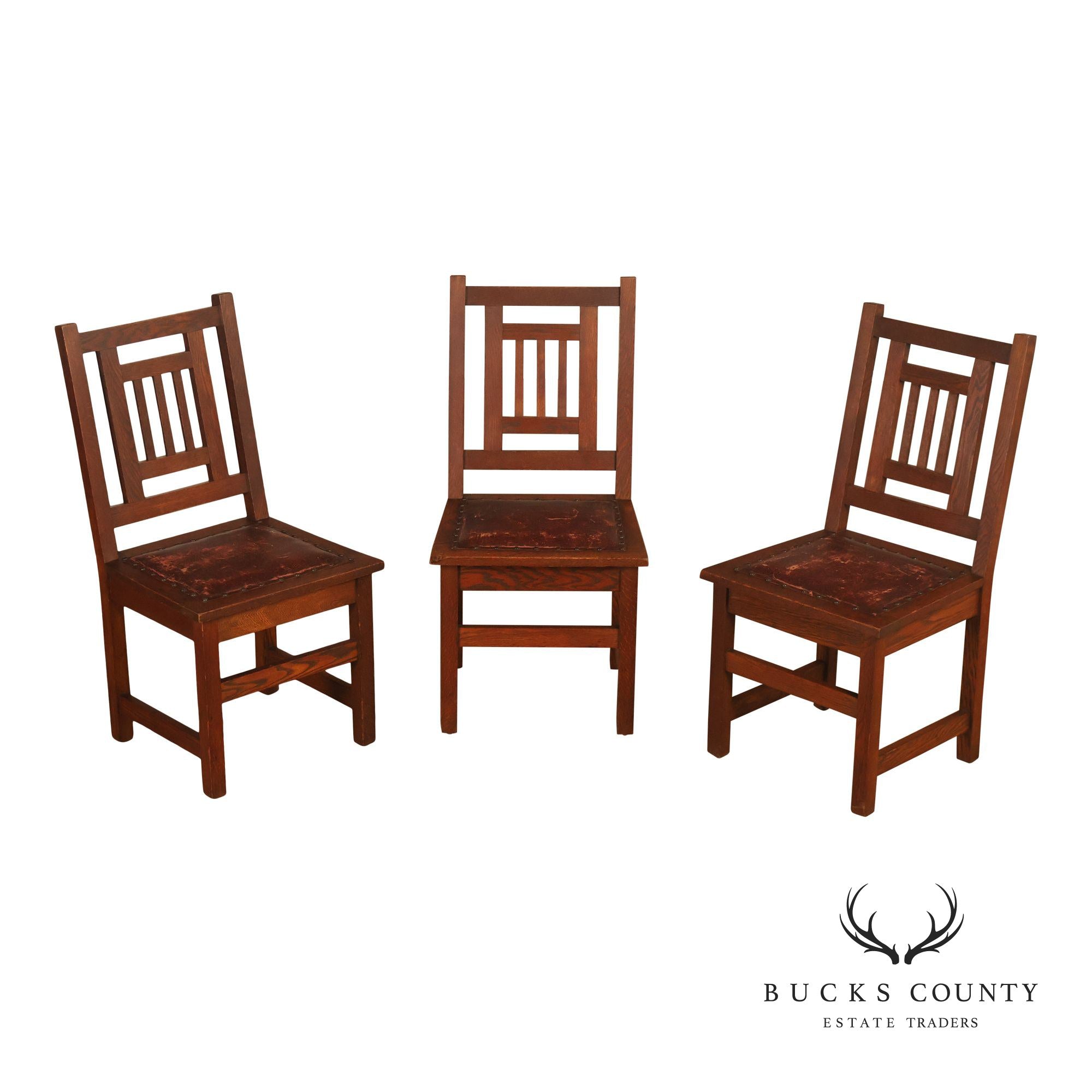 Antique American Arts & Crafts Mission Set Of 3 Oak Side Chairs
