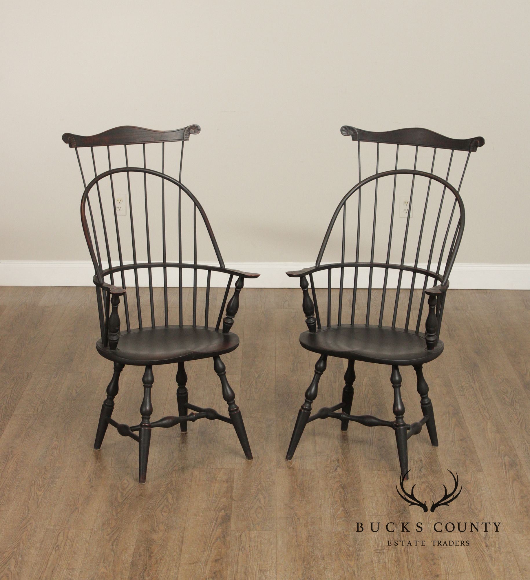 Custom Crafted Pair of Ebonized Sack-Back Windsor Armchairs