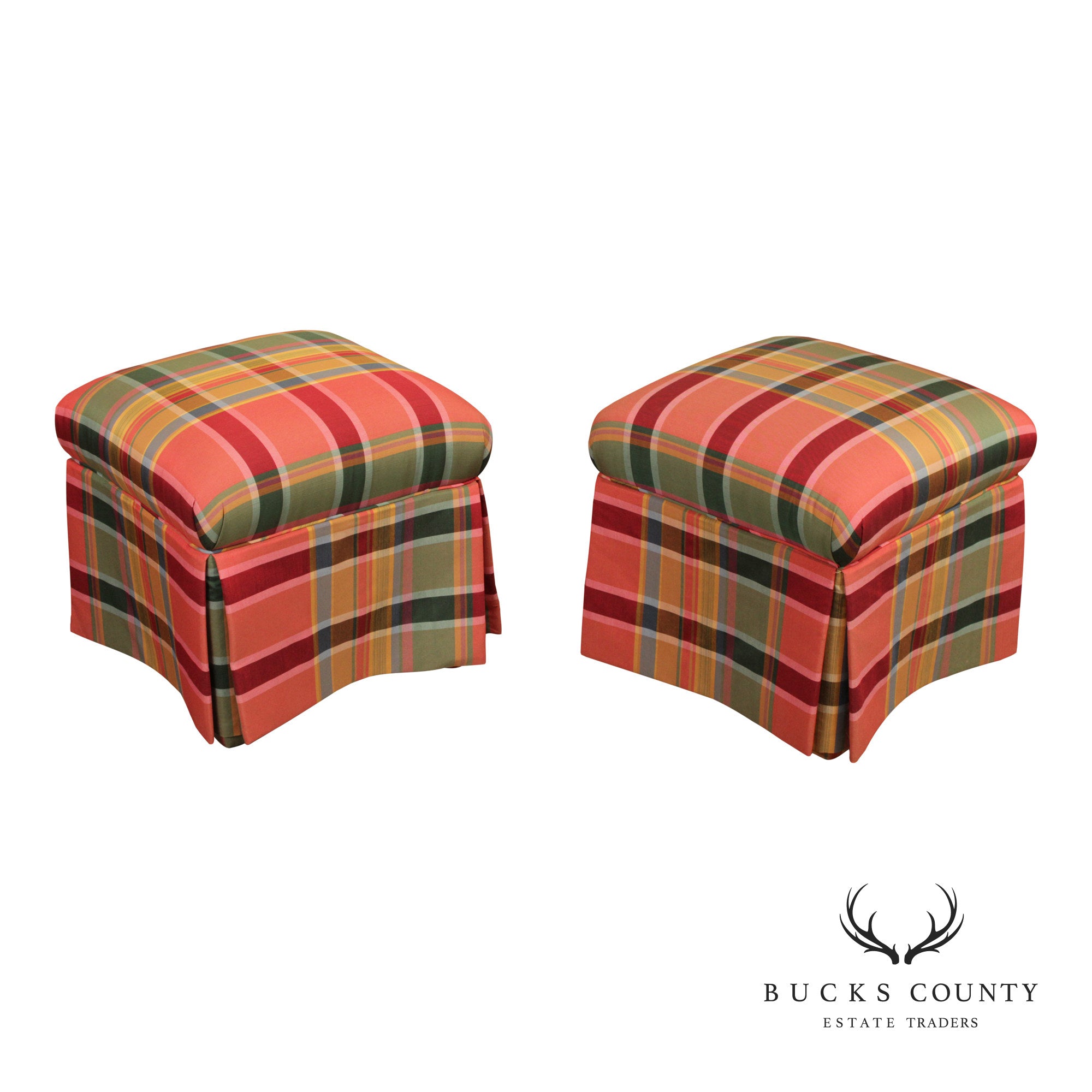 'A Colony Original'  Pair Of Upholstered Plaid Skirted Ottomans