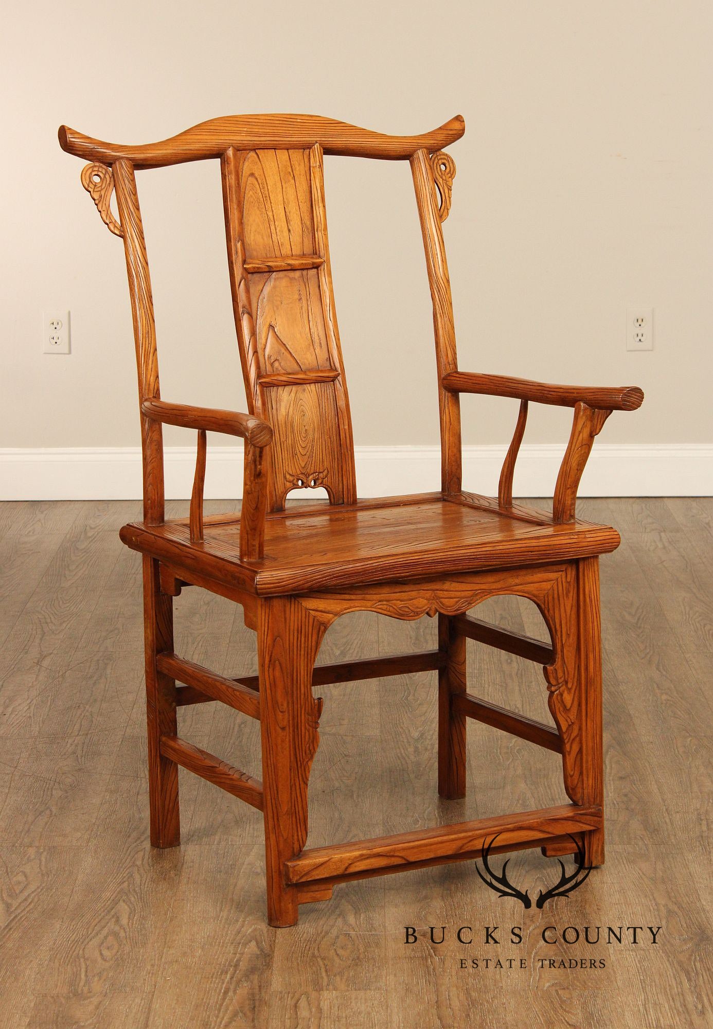 Asian Vintage Pair of Elm Yoke Back Armchairs