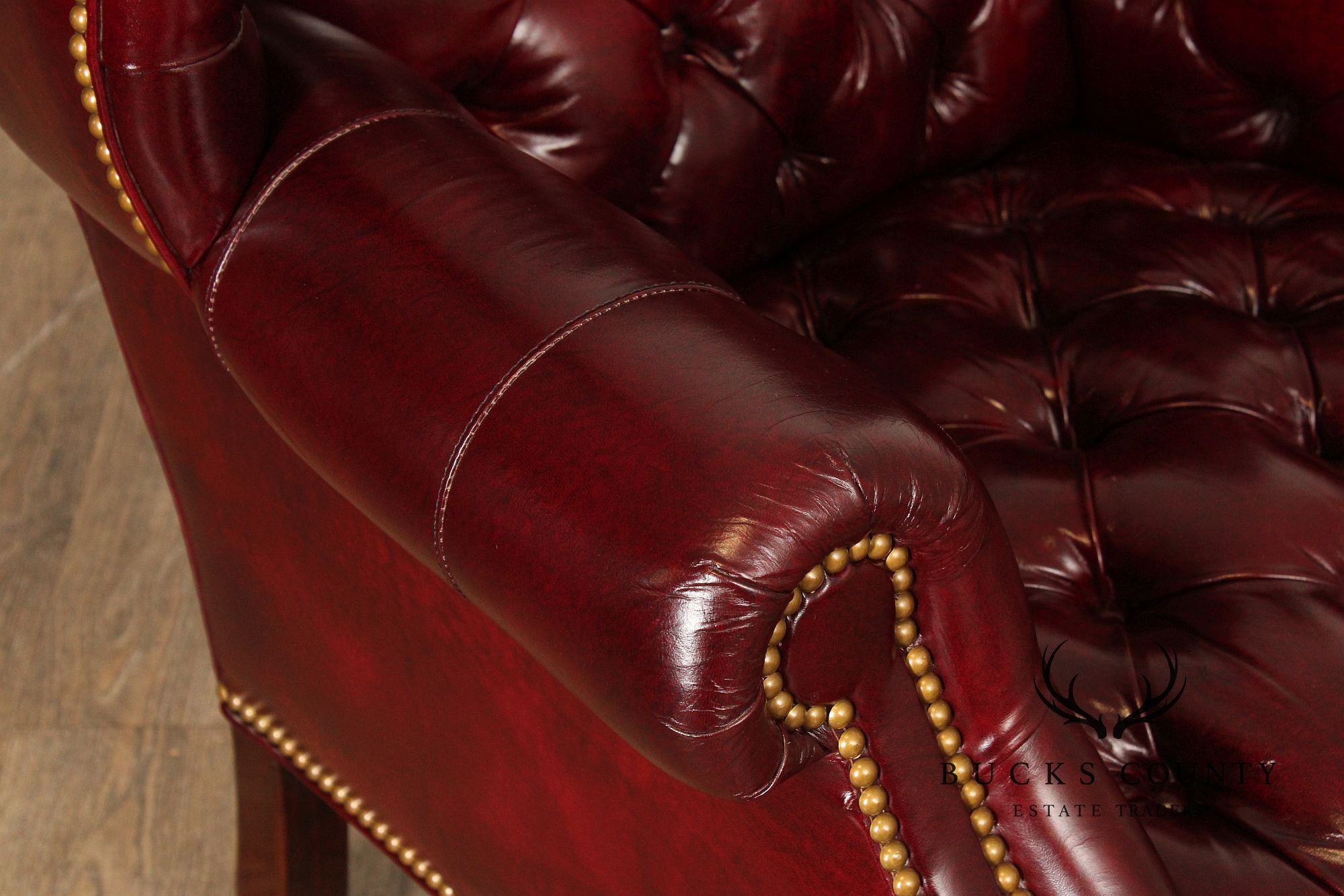 Georgian Style Tufted Oxblood Leather 'Reynolds' Wing Chair and Ottoman