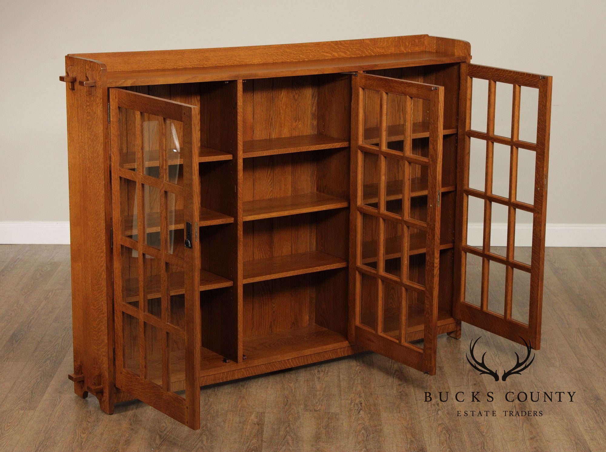 Stickley Mission Collection Oak Triple Bookcase with Glass Doors