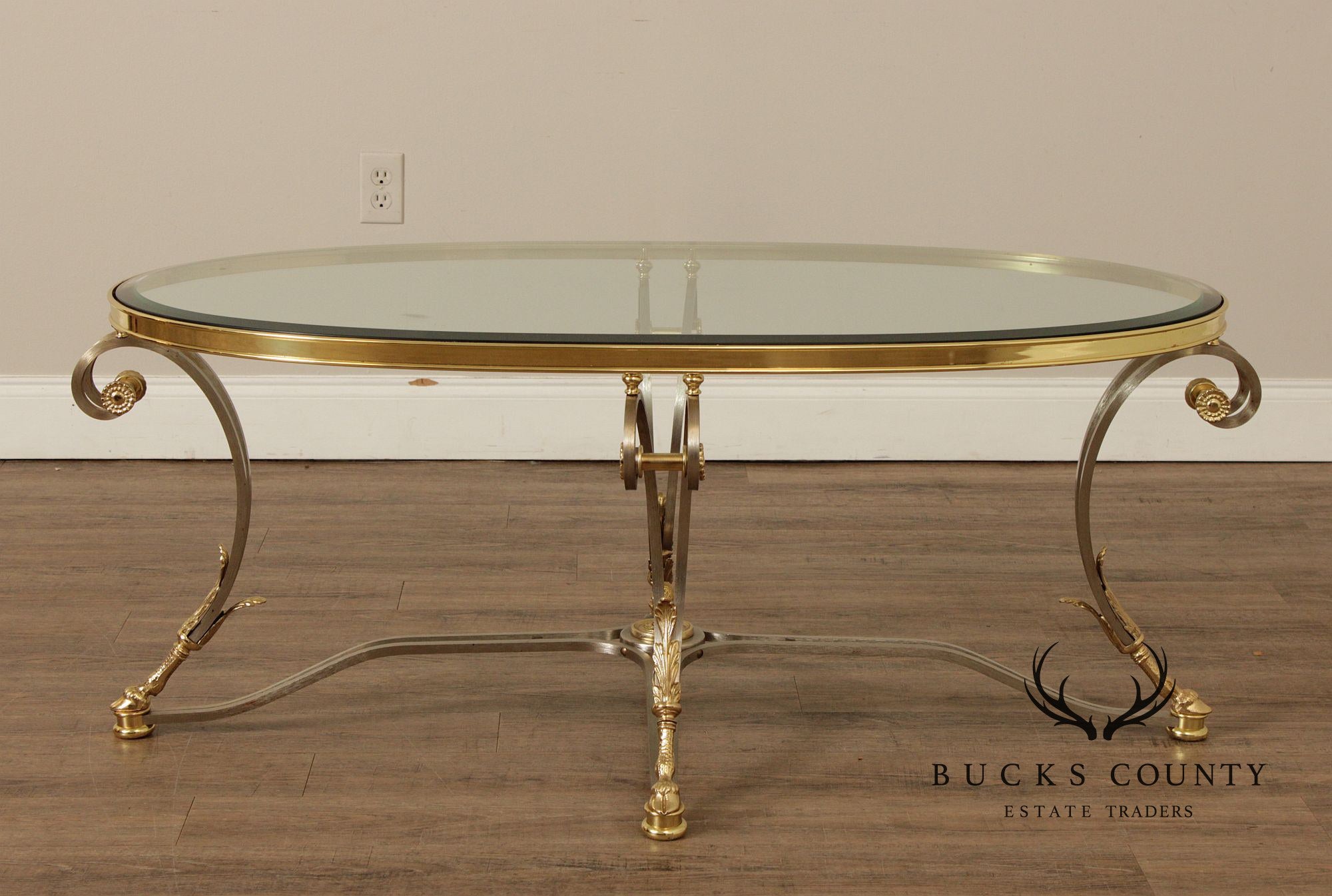 Neoclassical Style Oval Glass Top Coffee Table