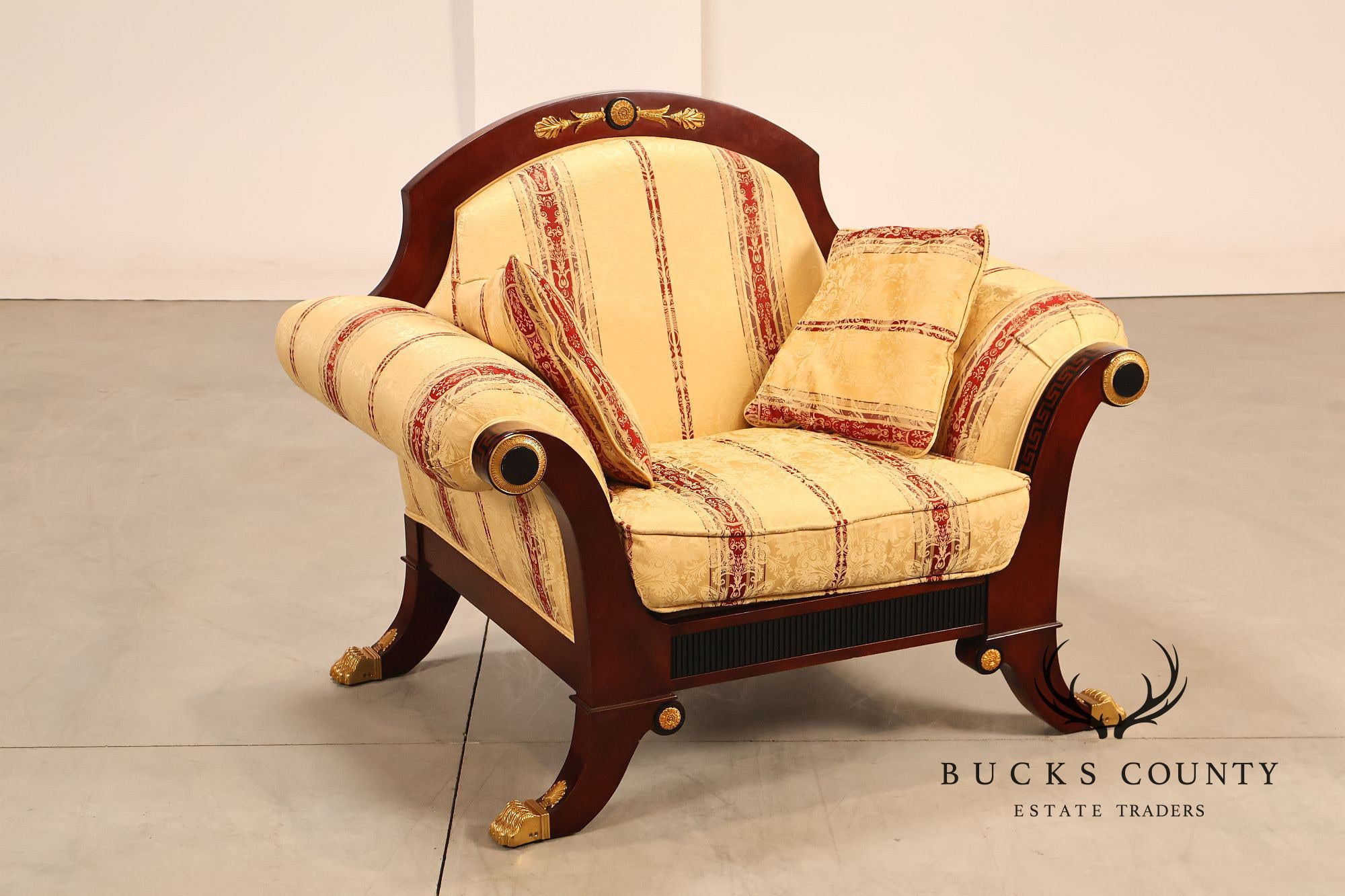 Empire Neoclassical Style Mahogany Upholstered Armchair With Gilt Bronze Accents