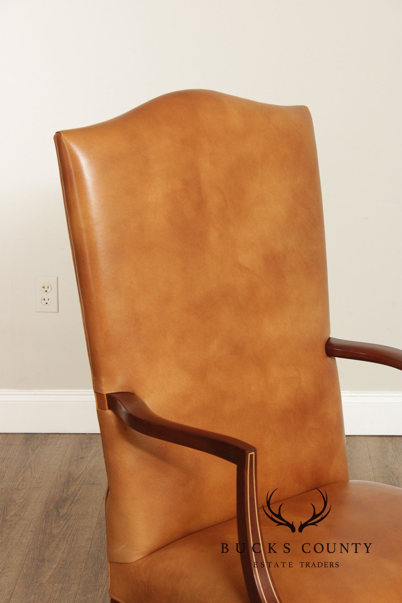 Stickley Federal Style Pair Inlaid Mahogany Leather Armchairs