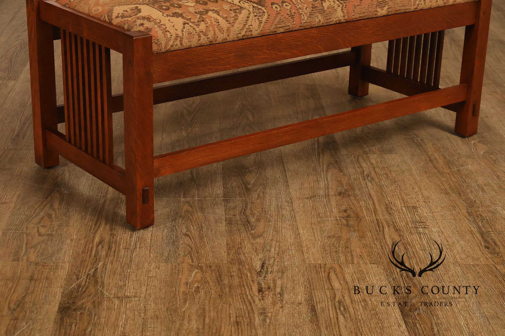 Stickley Mission Collection Oak Spindle Bench With Upholstered Seat
