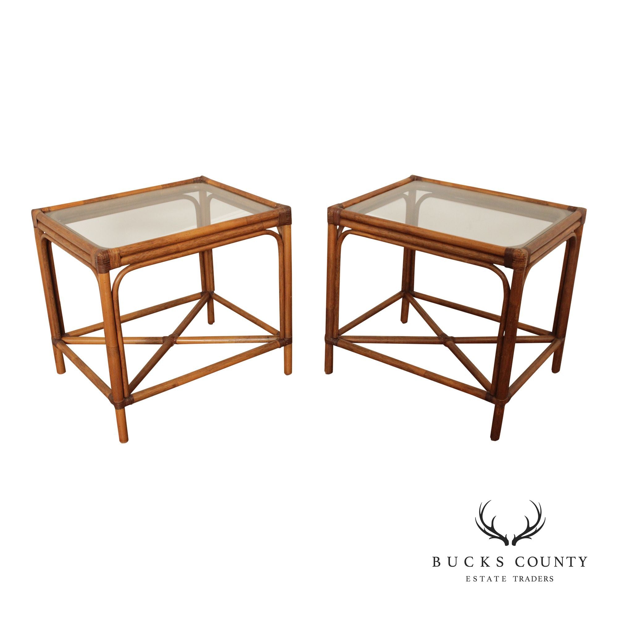 Hollywood Regency Pair of Glass Top Rattan Side Tables