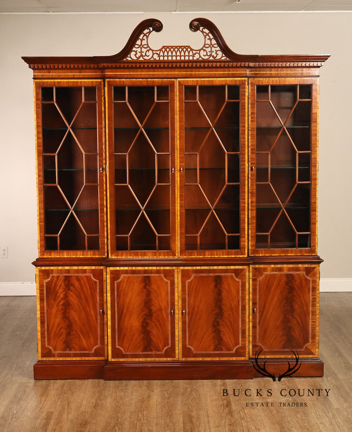 Councill Georgian Style Banded Mahogany Breakfront Bookcase