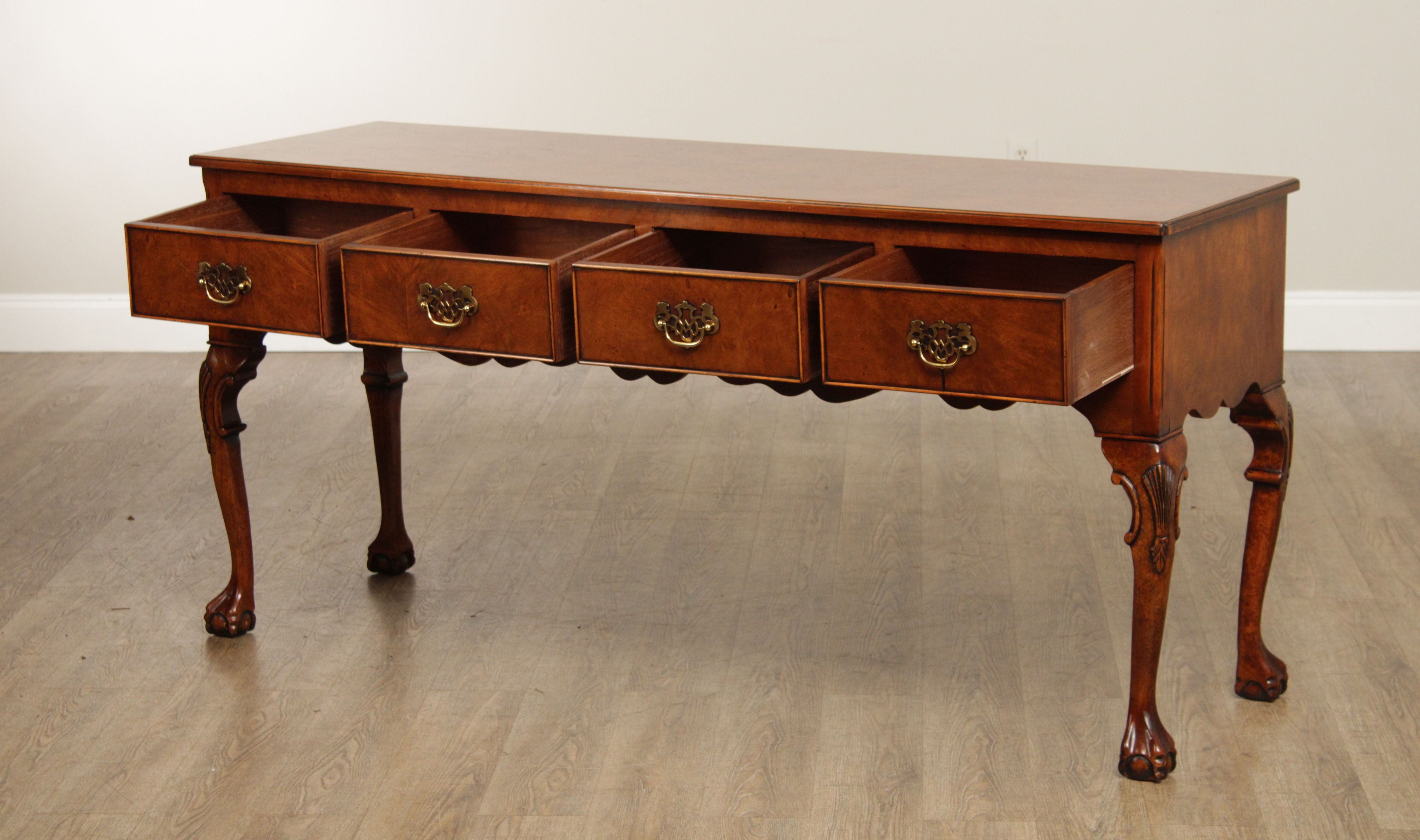 Georgian Style Carved Four Drawer Burl Walnut Sideboard